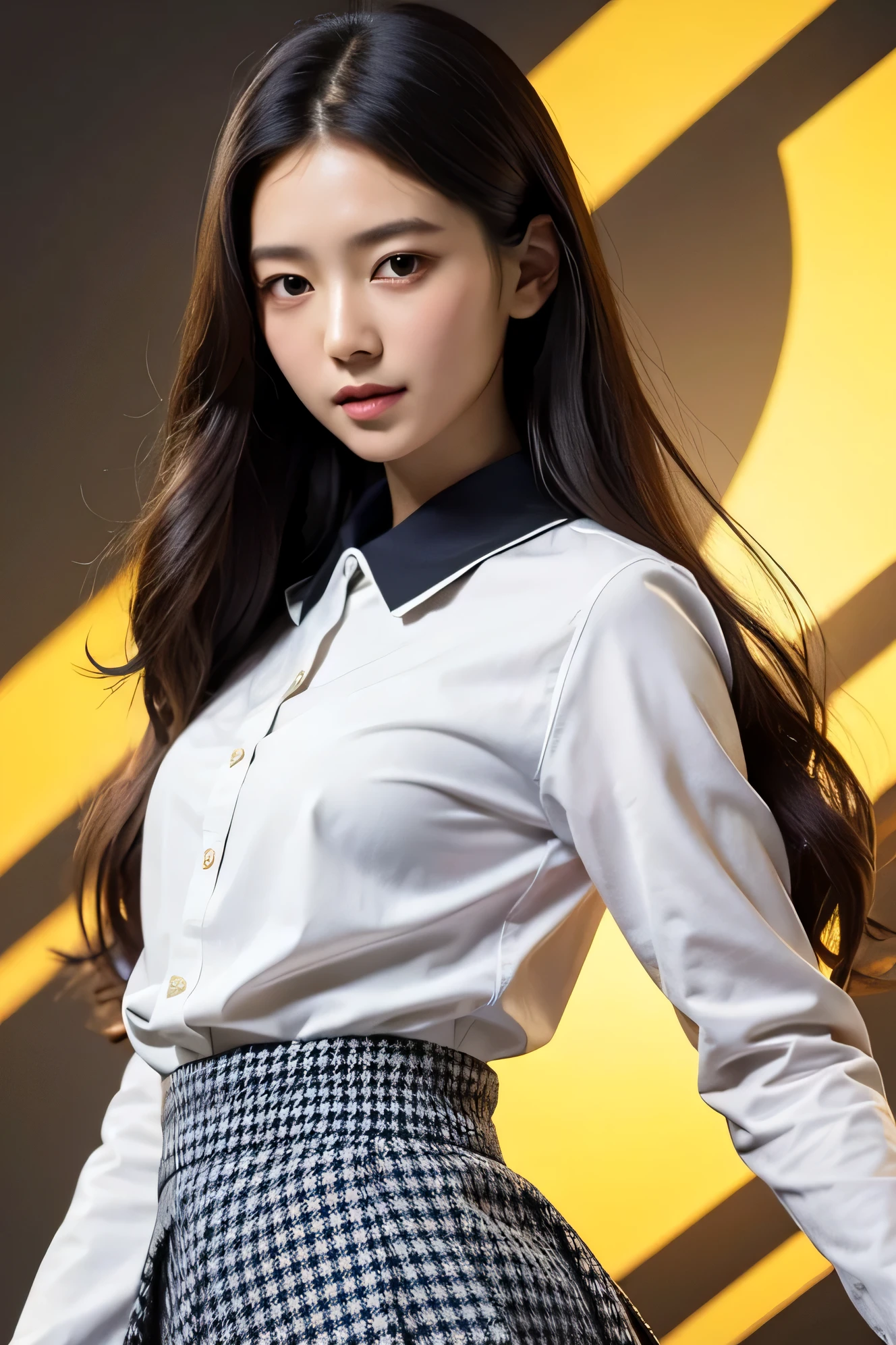 beautiful japanese woman, nice perfect face with soft skin, Small face with rose-like nose and lips, beautiful eyes, Beautiful smile. black, Thin, long beautiful hair wrapped in a bright, ethereal shine. dark brown hair,long hair、 Navy Band Collar Shirt× Houndstooth Yellow Flared Skirt, Bright neon colorful background, Ultra realistic women pictures, A masterpiece of high quality and resolution 8K