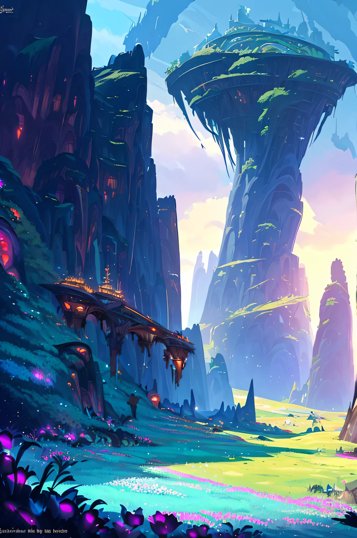 award winning photo, ((masterpiece,best quality)), absurdres, Vivid_Setting, no humans, scenery, cinematic composition, landspace drawing, environment, background illustration, fantasy, futuristic surreal game-world, cyberpunk, surreal, mmorpg anime game, fantasy, magic, buffs, landmarks, flower, grass, outdoor, blue sky,,