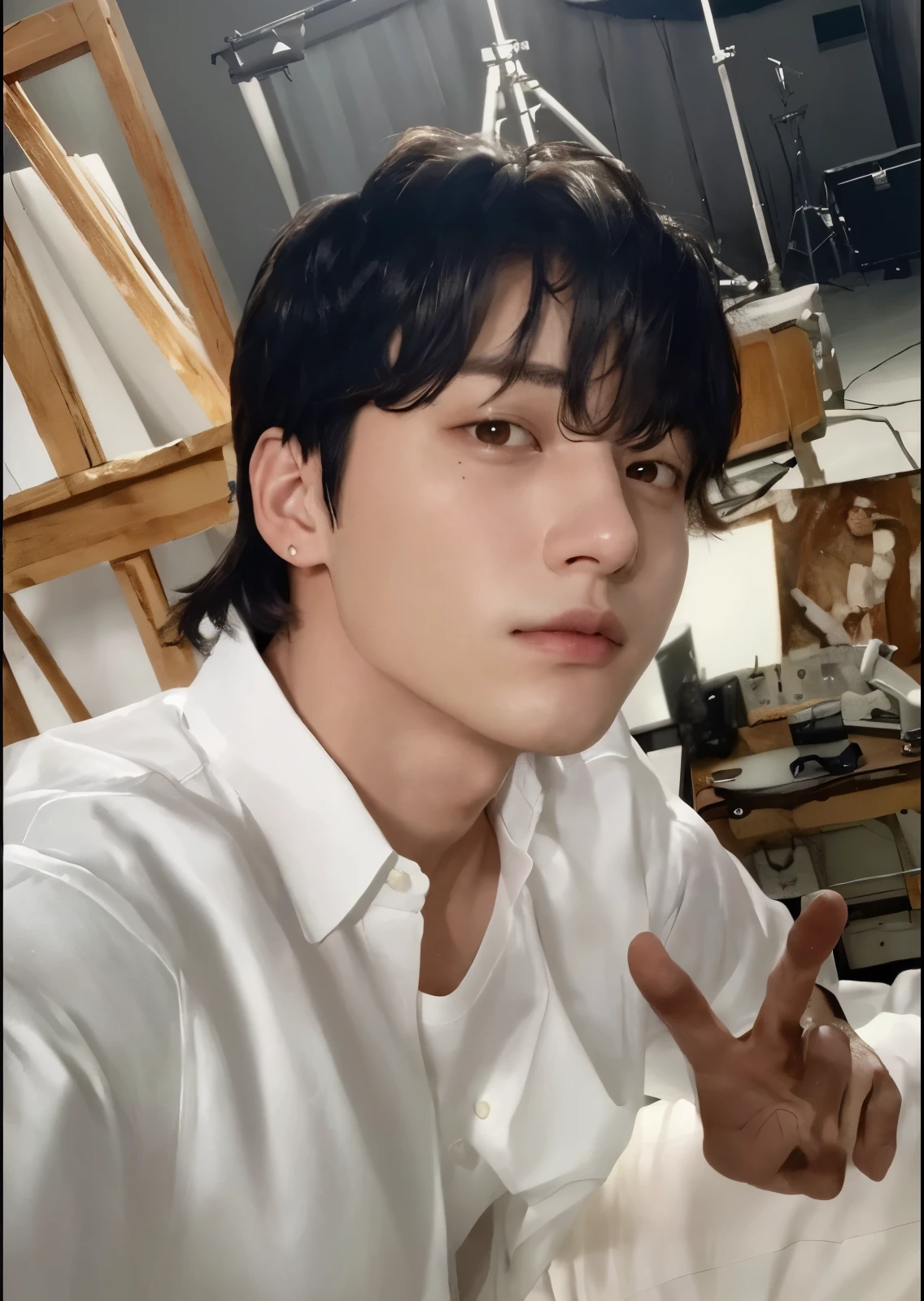 there is a man posing for a photo in a studio, Jungkook, Jeon Jungkook, BTS, Jeongguk, taken at the beginning of 2020, Jungkook Jeon, Jeon Jeongguk, GgukJeon, Jungkook Jeon, cabelo preto, 27 anos de idade, handsome androgynous prince 