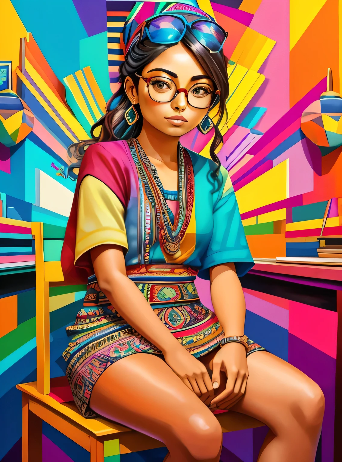 (Poira woman wearing glasses ,sitting on table),, Eduardo Kobra acolchoamento , Multidimensional geometric wall, retrato, arte, Chibi,
Yang08k, lindo, Colouring,
Primary works, qualidade superior, melhor qualidade, Arte Oficial, Beautiful and Aesthetic, melhor pose,