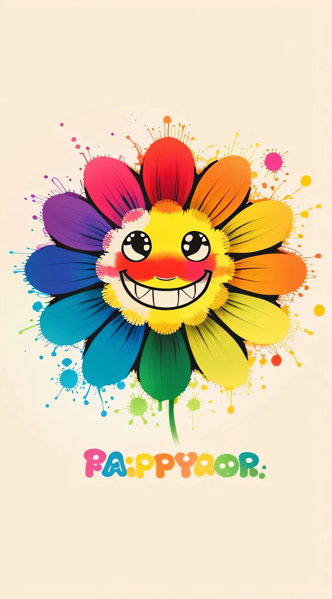 There is a colorful flower on it，There&#39;s a smiling face on it, Portrait cor feliz, sorrisos e cores, inspirado em Takashi Murakami, inspirado em Murakami, cor feliz, cor feliz, inspirado em Kagaku Murakami, Takashi Murakami Estilo de Arte, Arte pop floral, cor feliz, rainbow gradient flower, ouro, Black and rainbow