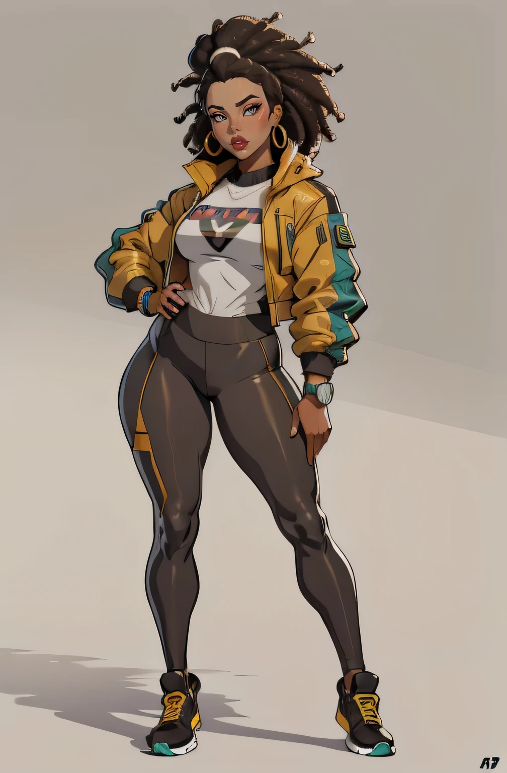 grey background, (a 35 year old woman) brown skin, solo, 1 girl, portrait, african hair, super detailed, modern style, direct look, full body wearing leggings and jacket