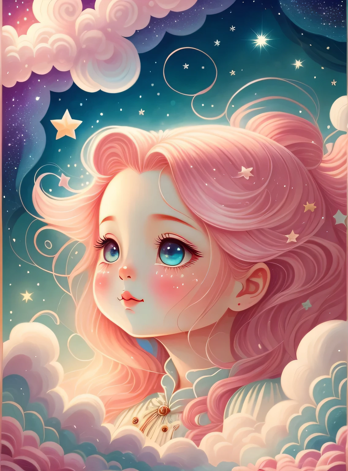 (melhor qualidade,4k,8k,A high resolution,obra-prima:1.2),ultra-detalhado,(real,realisticamente,realisticamente:1.37),dream sky,Nuvens suaves,As estrelas, cercado por nuvens,admirar,peixes bonitos,Head raised,long flowing pink hair,teia,fairy tale illustration,funny illustration,Creative illustration,hand painted style,Arte sob luz forte,A arte da magia,storybook art,arte inspiradora,obras de arte requintadas