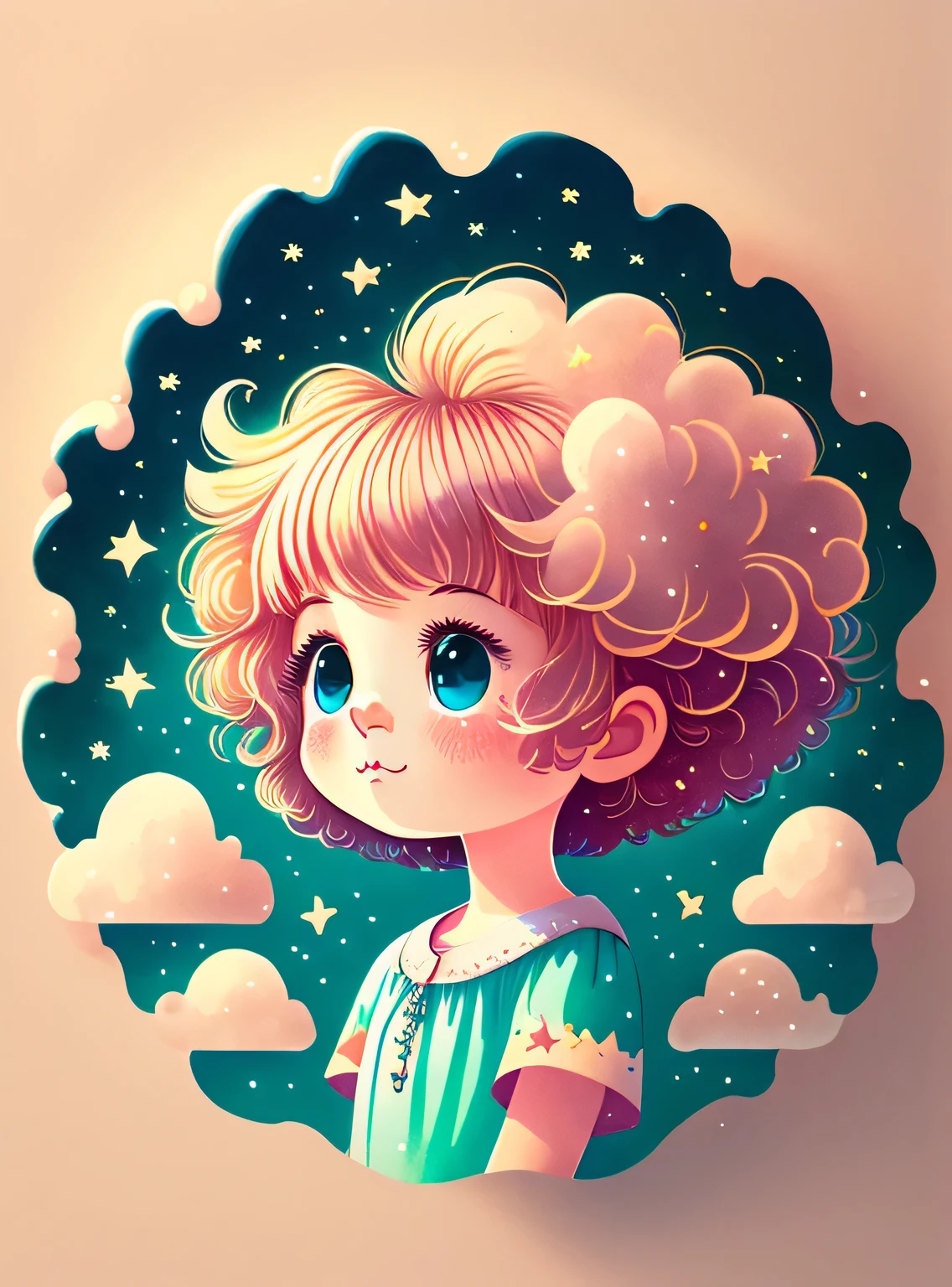 (Best quality at best,4k,8k,A high resolution,obra-prima:1.2), Cabelo fofo como as nuvens de uma garota nas nuvens, tiny stars, cabelos de cores claras, Dentro de um sonho, Dream illustration, cor dos sonhos, children's illustration style.