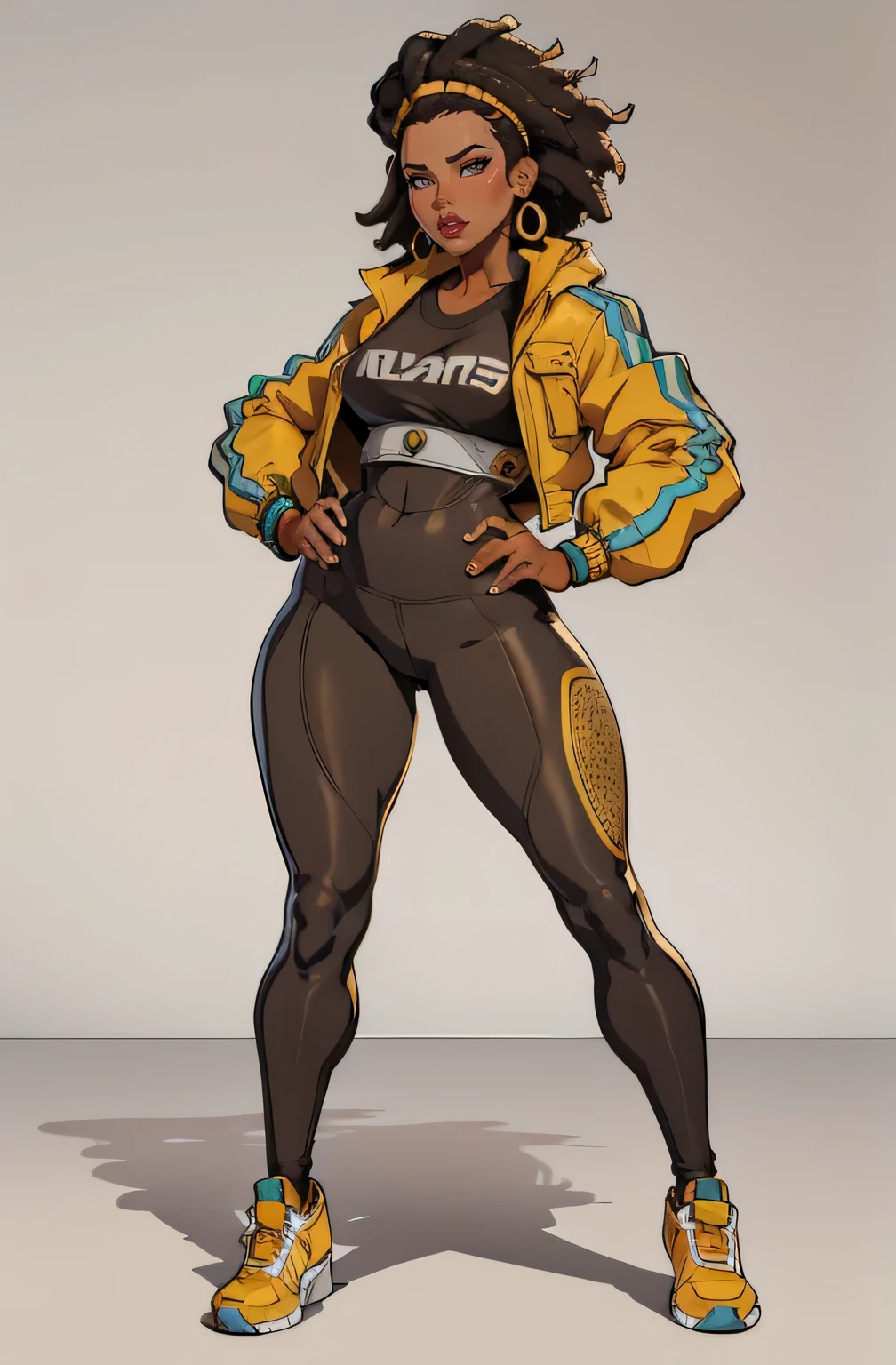 grey background, (a 35 year old woman) brown skin, solo, 1 girl, portrait, african hair, super detailed, modern style, direct look, full body wearing leggings and jacket