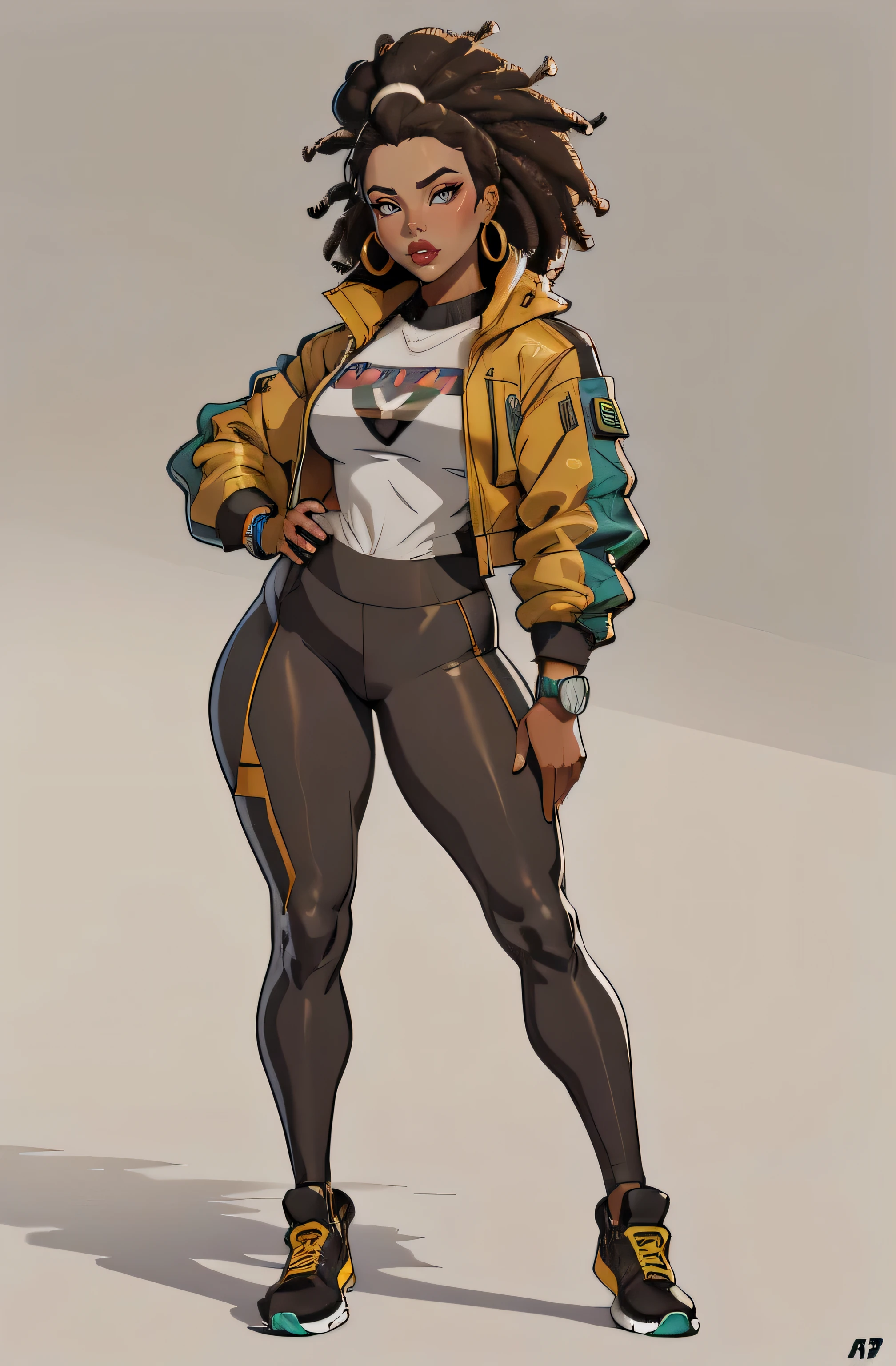 grey background, (a 35 year old woman) brown skin, solo, 1 girl, portrait, african hair, super detailed, modern style, direct look, full body wearing leggings and jacket
