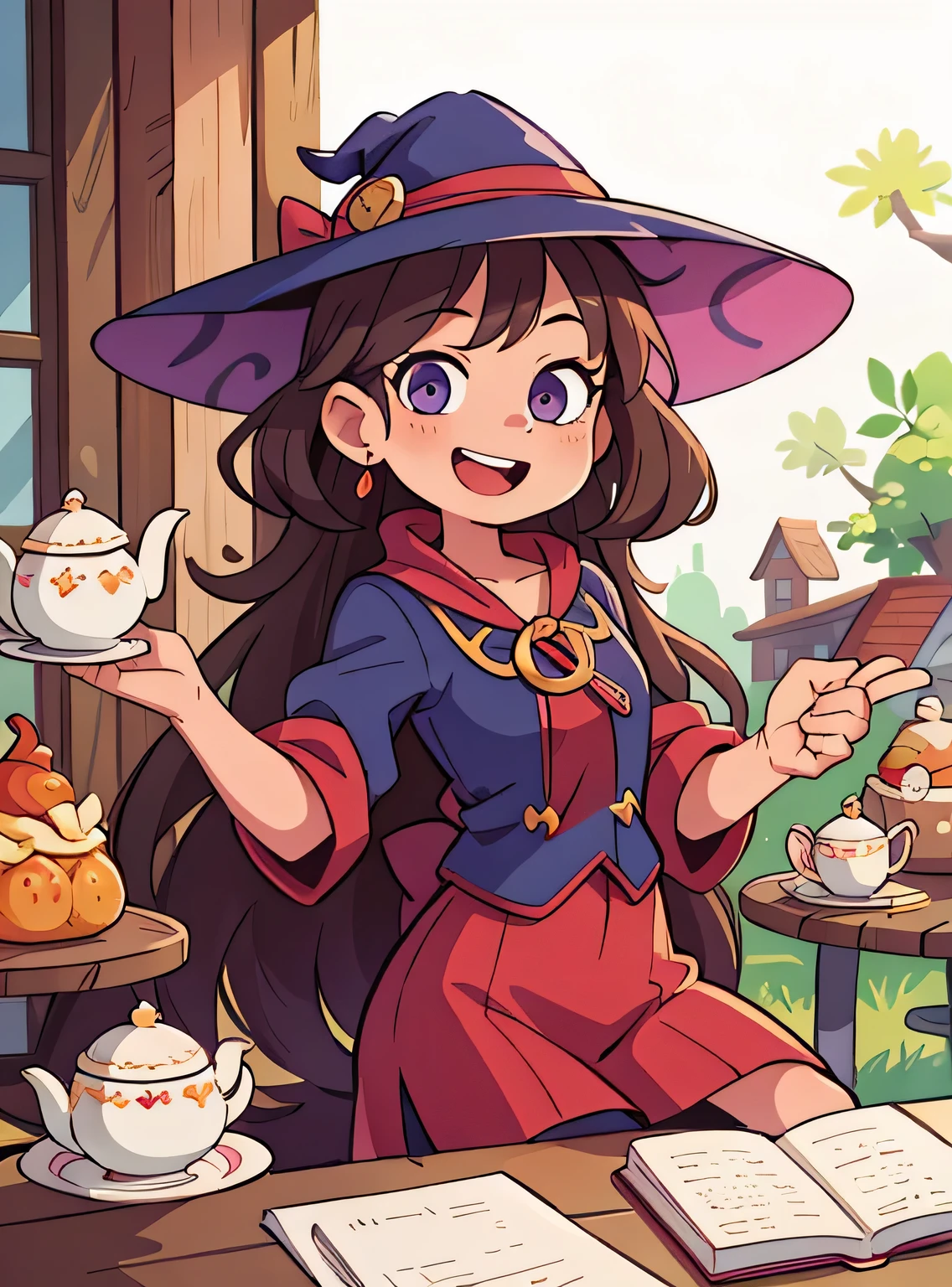 ((obra de arte, melhor qualidade)), ((magic swirl style):0.4),
1 garota, witch's tea party, mesa de madeira , Bonitinho, feliz, vibrante, colorida, Fantasia,