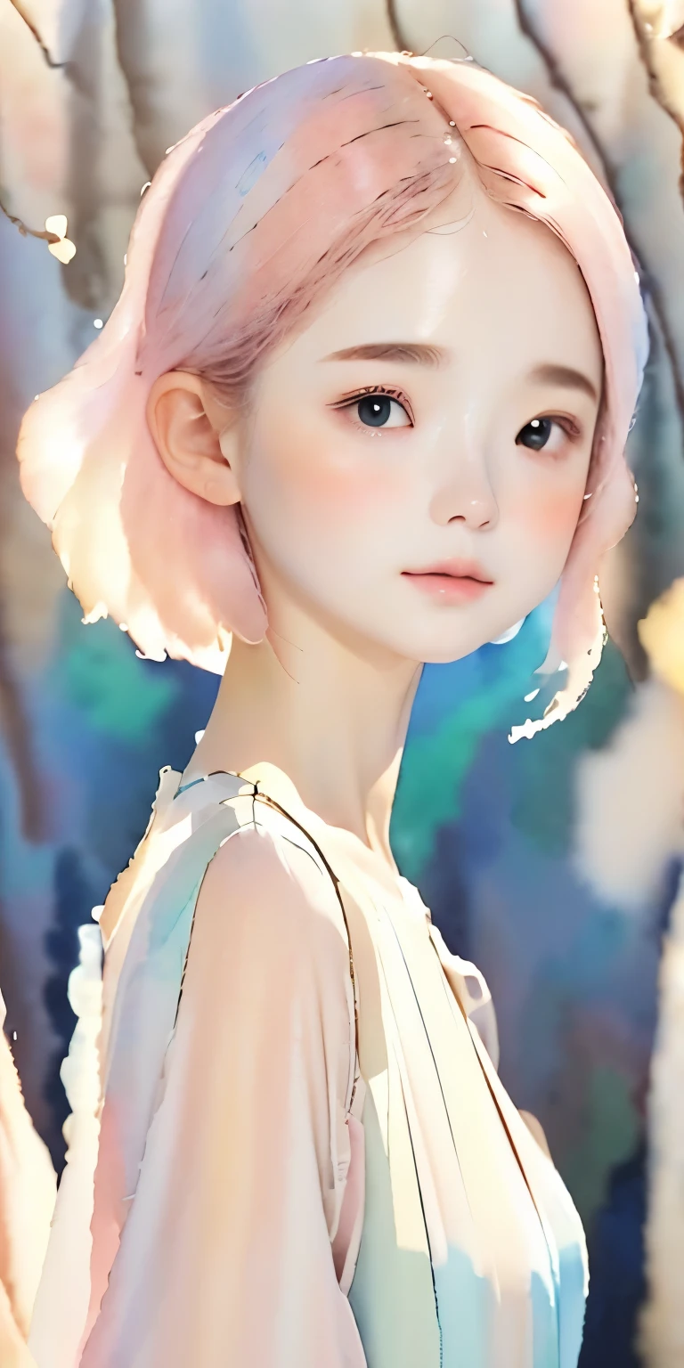 one girl、１６talent、perfect anatomy、small face、small nose、plump lips、distinctive hairstyle、light pink hair、small breasts、Black dress、open neck dress、random pose、(((Background that looks like a watercolor painting in pale colors、blurred background)))、highest quality、High resolution、High resolution、cinematic lighting、professional photographer