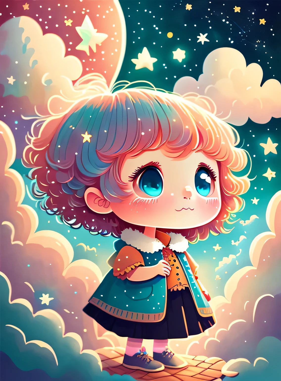 (Best quality at best,4k,8k,A high resolution,obra-prima:1.2), Cabelo fofo como as nuvens de uma garota nas nuvens, tiny stars, cabelos de cores claras, Dentro de um sonho, Dream illustration, cor dos sonhos, children's illustration style.