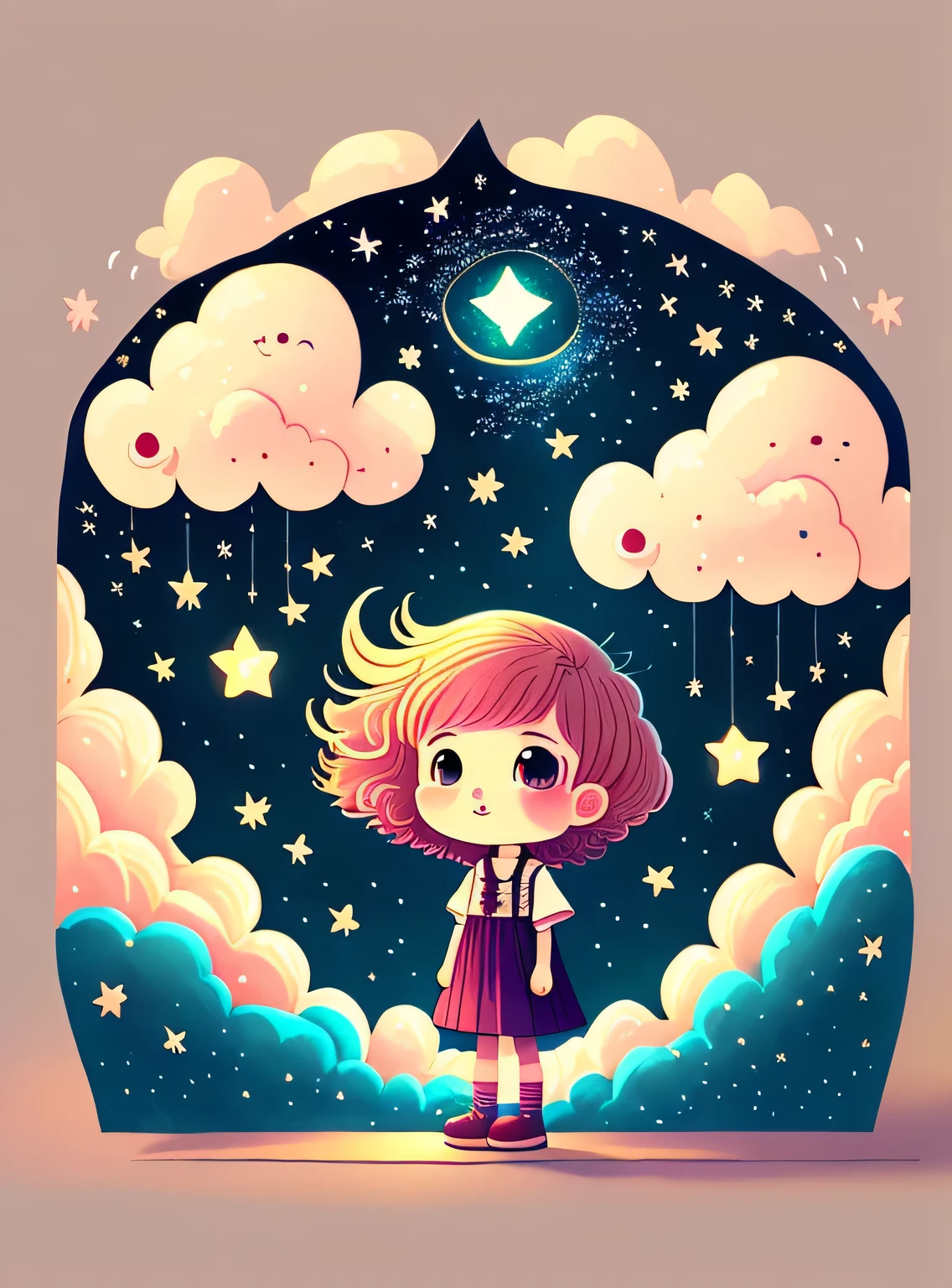 (Best quality at best,4k,8k,A high resolution,obra-prima:1.2), Cabelo fofo como as nuvens de uma garota nas nuvens, tiny stars, cabelos de cores claras, Dentro de um sonho, Dream illustration, cor dos sonhos, children's illustration style.