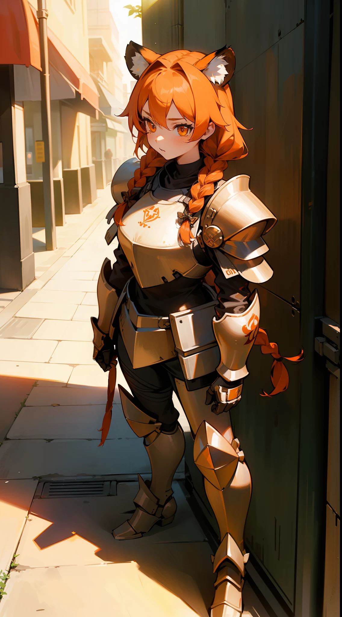 1girl,20 years old,mature female,tiger ears,long hair,(twin braids),orange hair,,orange eyes, silver templar knight armor,(standing in a sidewalk in a city),((several people in the background,day,sunlight)),surprised,standing,
