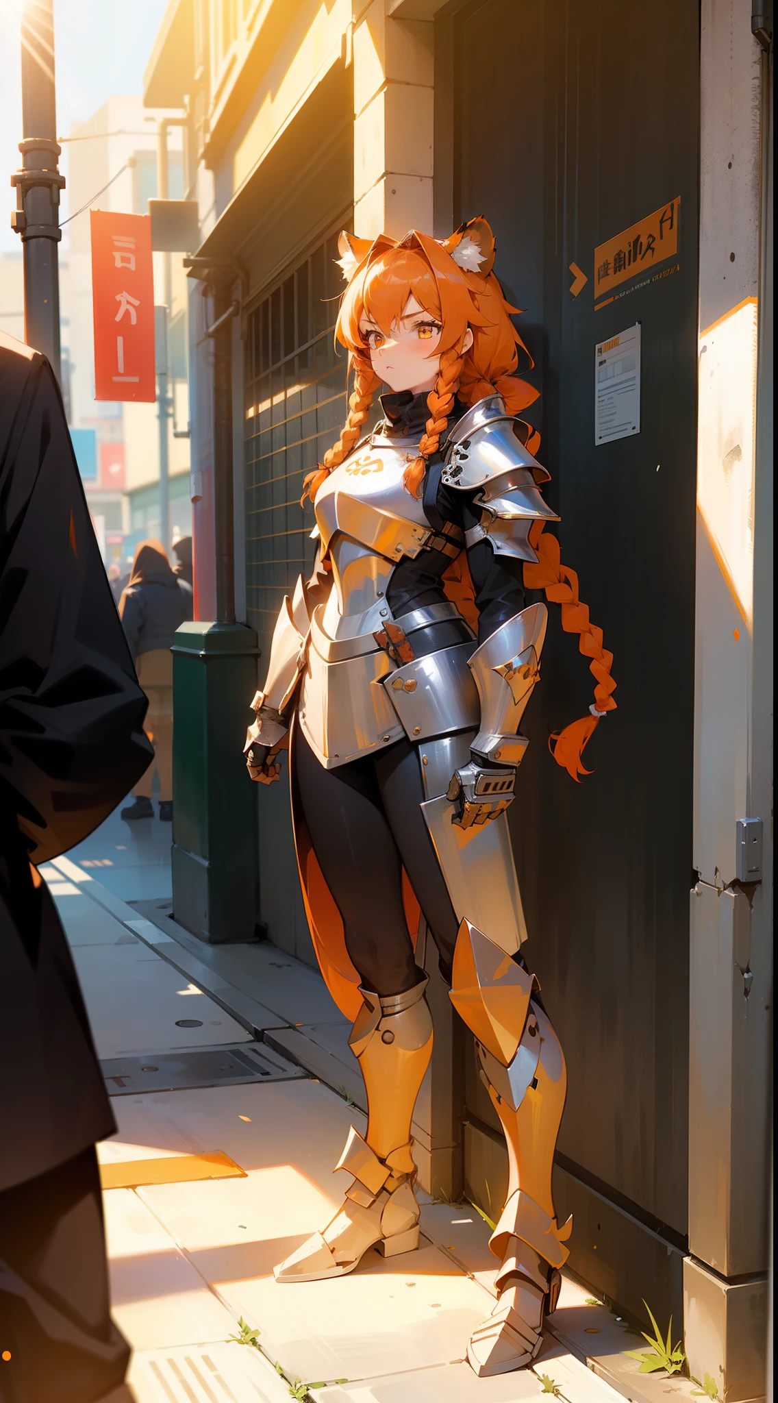 1girl,20 years old,mature female,tiger ears,long hair,(twin braids),orange hair,,orange eyes, silver templar knight armor,(standing in a sidewalk in a city),((several people in the background,day,sunlight)),surprised,standing,