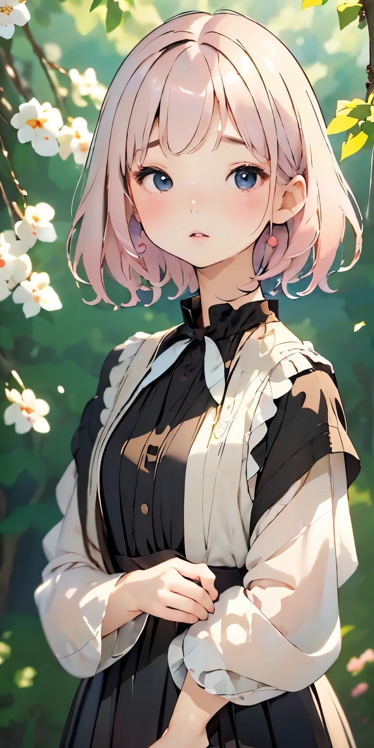 one girl、16talent、perfect anatomy、small face、small nose、plump lips、distinctive hairstyle、light pink hair、small breasts、Black dress、open neck dress、random pose、(((Background that looks like a watercolor painting in pale colors、blurred background)))、highest quality、High resolution、High resolution、cinematic lighting、professional photographer