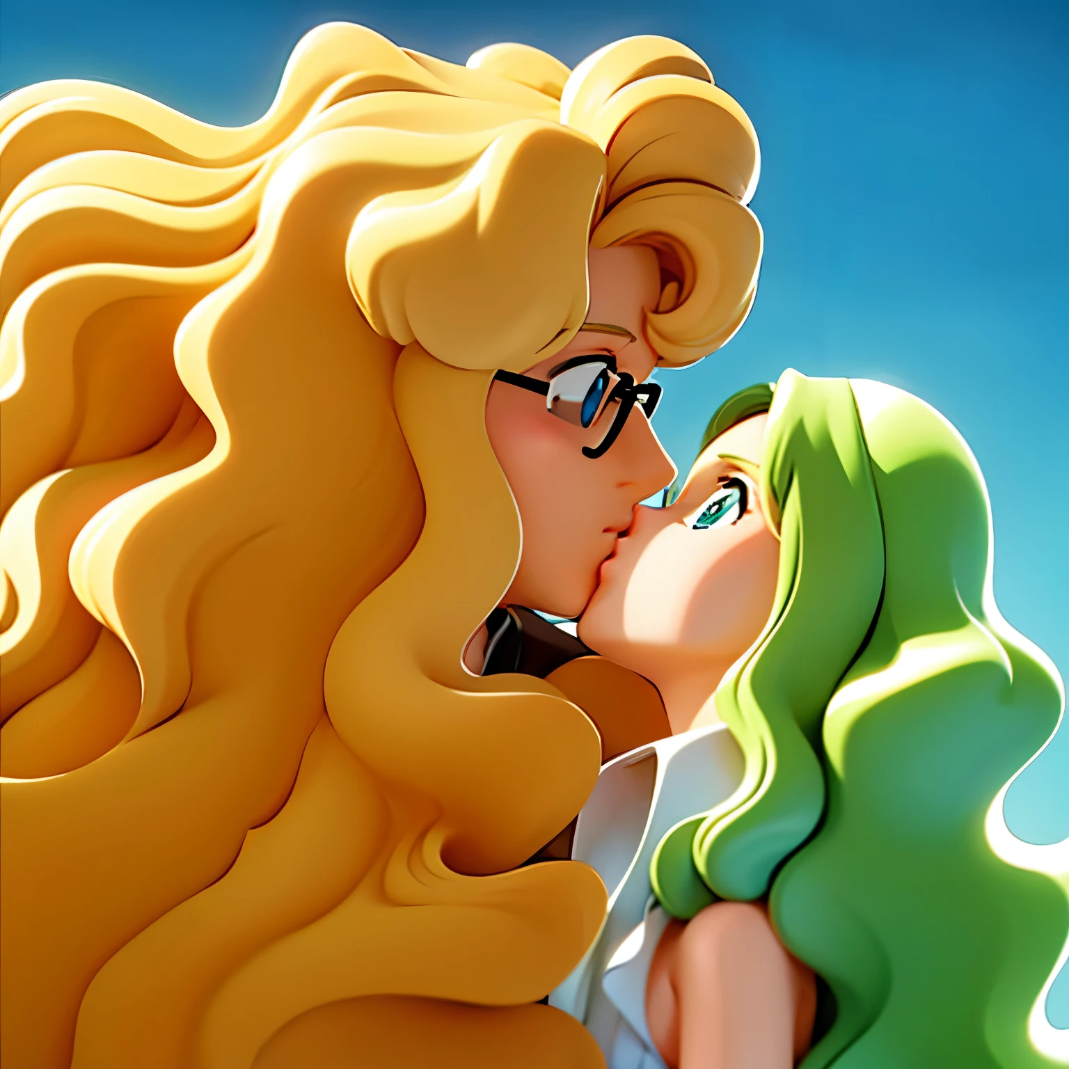 kissing romantic is a tall man with wavy blonde hair that curls upwards on his head and light green eyes and oval glasses with a girl with golden hair and blue eyes.