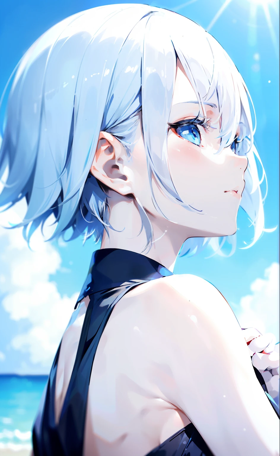 1 girl, Close-up, Focus on the shoulder, From Side, short hair, silver hair, Blue eyes, black dress, collared dress, sleeveless dress, bare shoulders, bare hands, blue sky, Sun Ray