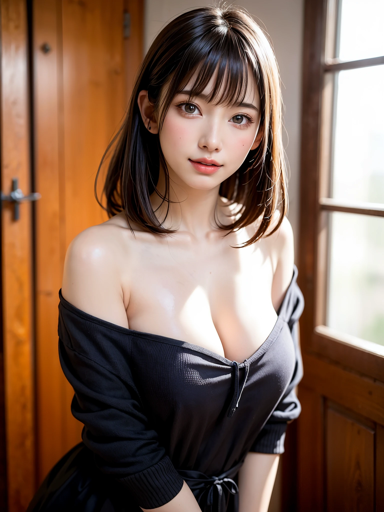 (masterpiece, highest quality),1 girl, alone, black haired, scarf, have, realistic, realistic, looking at the viewer, pale black eyes, brunette short bob hair, brown fur, Winter clothes, White headscarf, lips, bangs, outdoor, closed mouth, Upper body、Big eyes雪輝くラッシーの美しい風景))、(((bangsのある短いボブヘア、shiny hair、Big eyes、large full chest、intense eye highlights、look at the audience、beautiful beauty、show me your ears、long neck、smile a little、Please close your mouth and smile、ideal body proportions)))、{Huge|big|Hugeな|mega} chest:2, cleavage:2、portrait:2