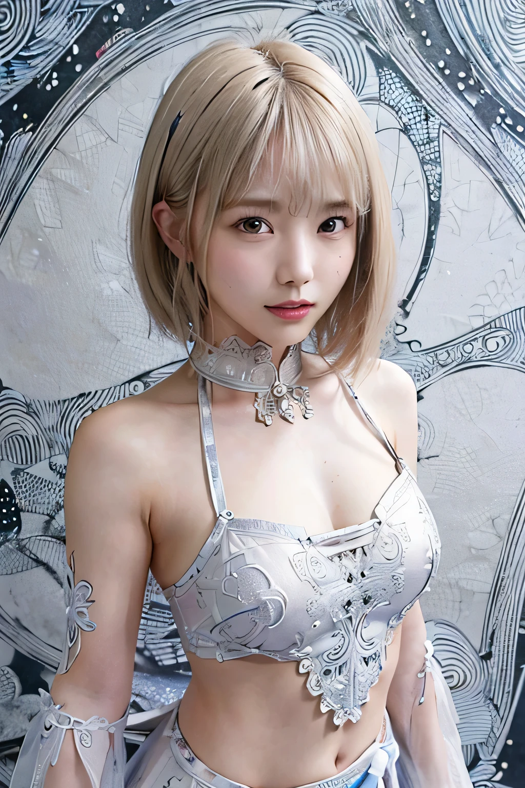confused, High resolution, Super detailed, 1 girl, alone, very fine eyes, Super precise depiction, Super detailed depiction, (zentangle:1.2), (dynamic pose), (abstract background:1.5), (Traditional dress:1.2), short platinum blonde, (shiny skin), lots of colors, Upper body, (From above)