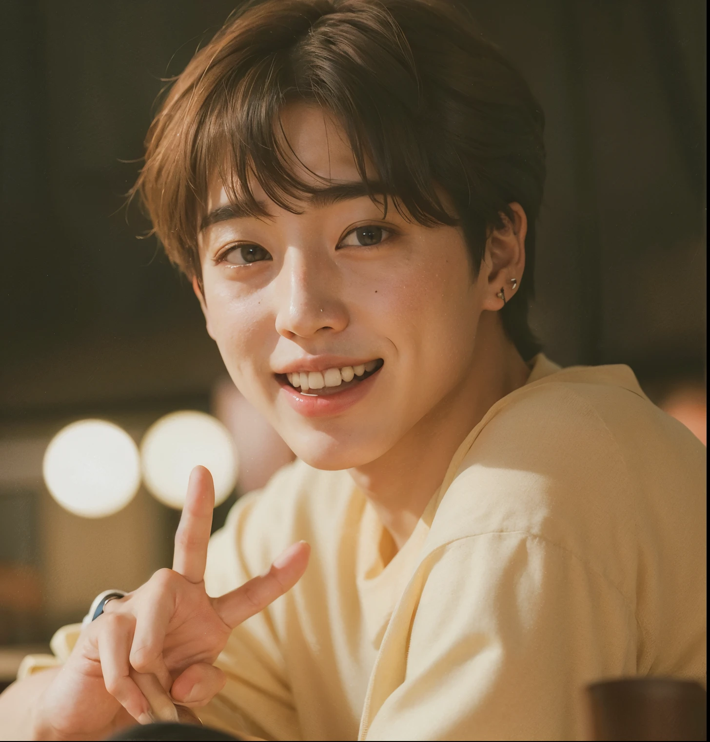 there is a man sitting at a table with a peace sign, Jungkook, BTS, Jeon Jungkook, shy smile, Jungkook Jeon!, Bangtan Soenyodan, Jeongguk, also, JK do bts, Jungkook Jeon, com dedo indicador, anel no dedo mindinho, handsome androgynous prince, Jeon Jungkook 