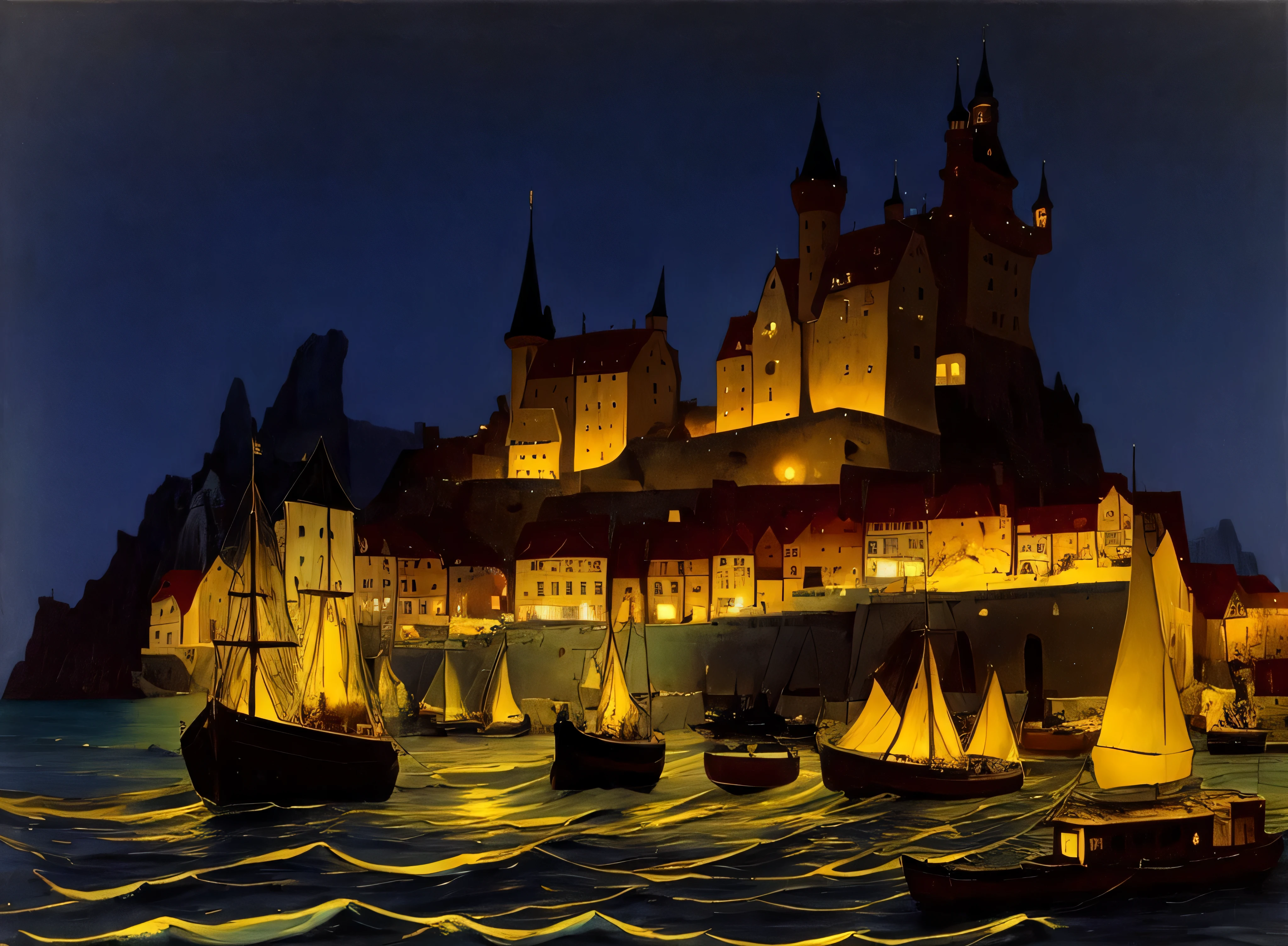 painting of a blue castle on a cliff with blue boats , yellowi lights in houses in the blue water, by Franz Sedlacek, victorian harbour night, by László Balogh, van allsburg, by Grzegorz Rutkowski, by Alfons Karpiński, by Karl Hofer, old - school dark fantasy art, by István Árkossy, chaos