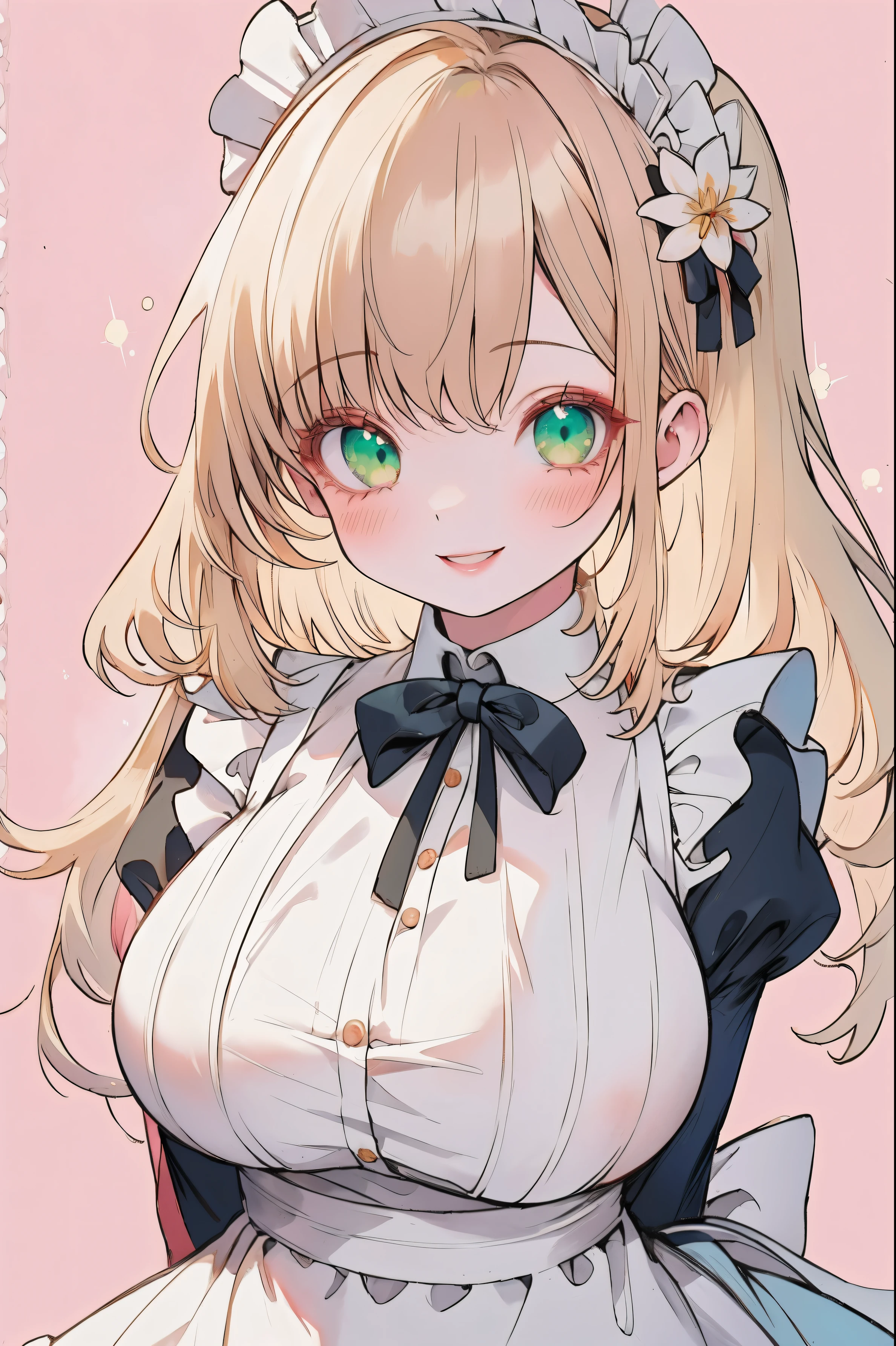 (best quality, masterpiece, highres),1girl,solo, sandy blonde hair,blush, green eyes, blush, juicy lips, glossy skin, glittery eyes, doll eyes, , smiling, fat juicy tits, fat juicy ass, juicy lips, maid outfit, flower crown, pink highlights on maid outfit, holding food, simple background , glossy skin, full body