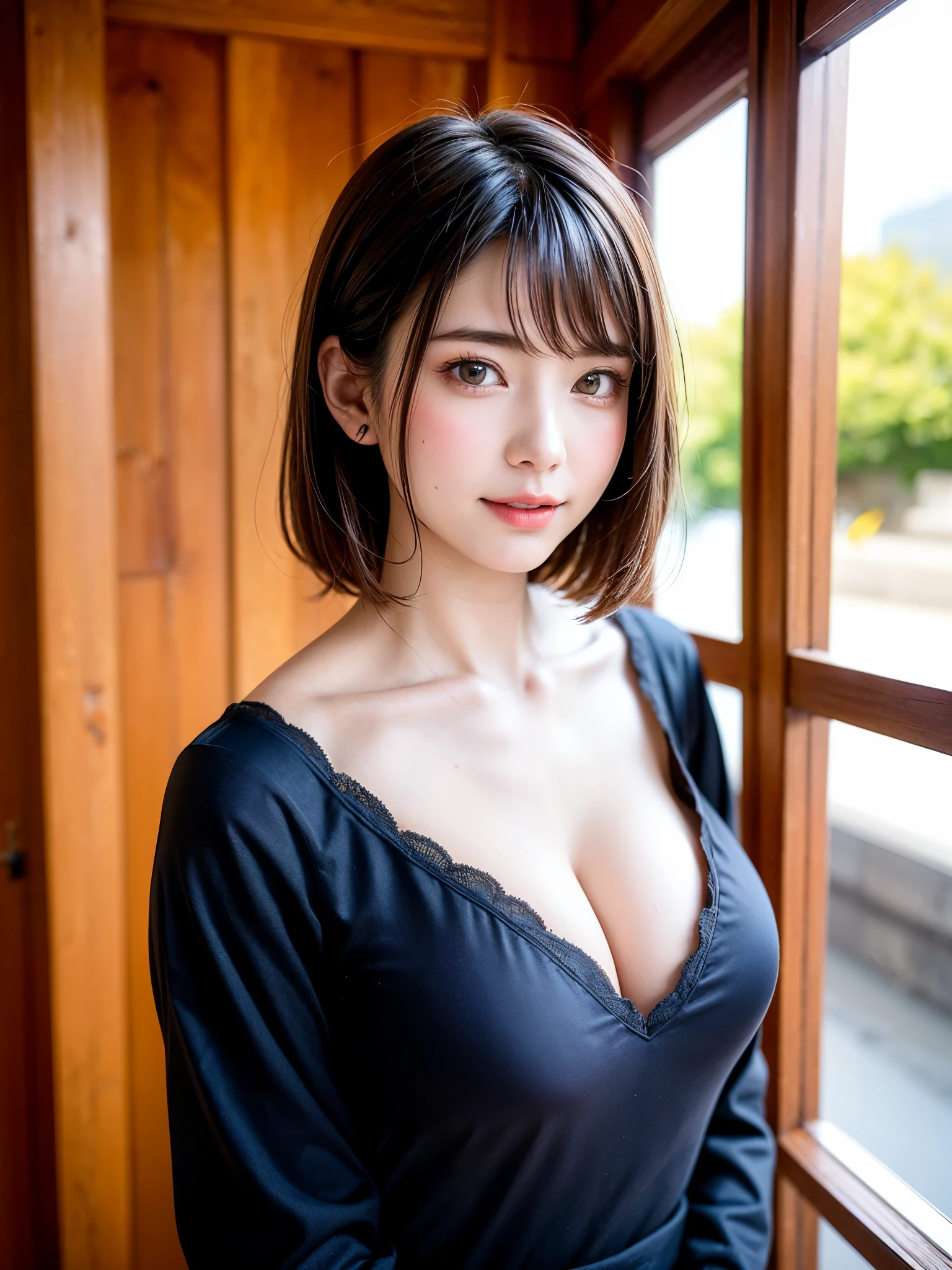 (masterpiece, highest quality),1 girl, alone, black haired, scarf, have, realistic, realistic, looking at the viewer, pale black eyes, brunette short bob hair, brown fur, Winter clothes, White headscarf, lips, bangs, outdoor, closed mouth, Upper body、Big eyes雪輝くラッシーの美しい風景))、(((bangsのある短いボブヘア、shiny hair、Big eyes、large full chest、intense eye highlights、look at the audience、beautiful beauty、show me your ears、long neck、smile a little、Please close your mouth and smile、ideal body proportions)))、{Huge|big|Hugeな|mega} chest:2, cleavage:2、portrait:2