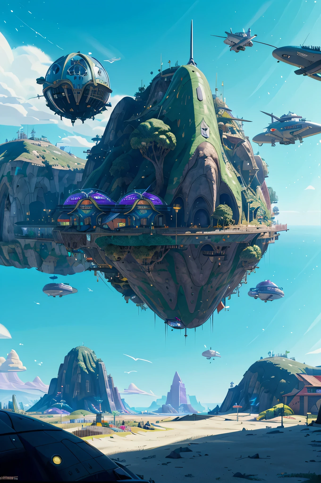 award winning photo, ((masterpiece,best quality)), absurdres, Vivid_Setting, no humans, scenery, cinematic composition, mmorpg anime game world, background illustration, fantasy, science fiction, airship, dirigible, cyberpunk 2077, busy air-traffic, futuristic surreal game-world,