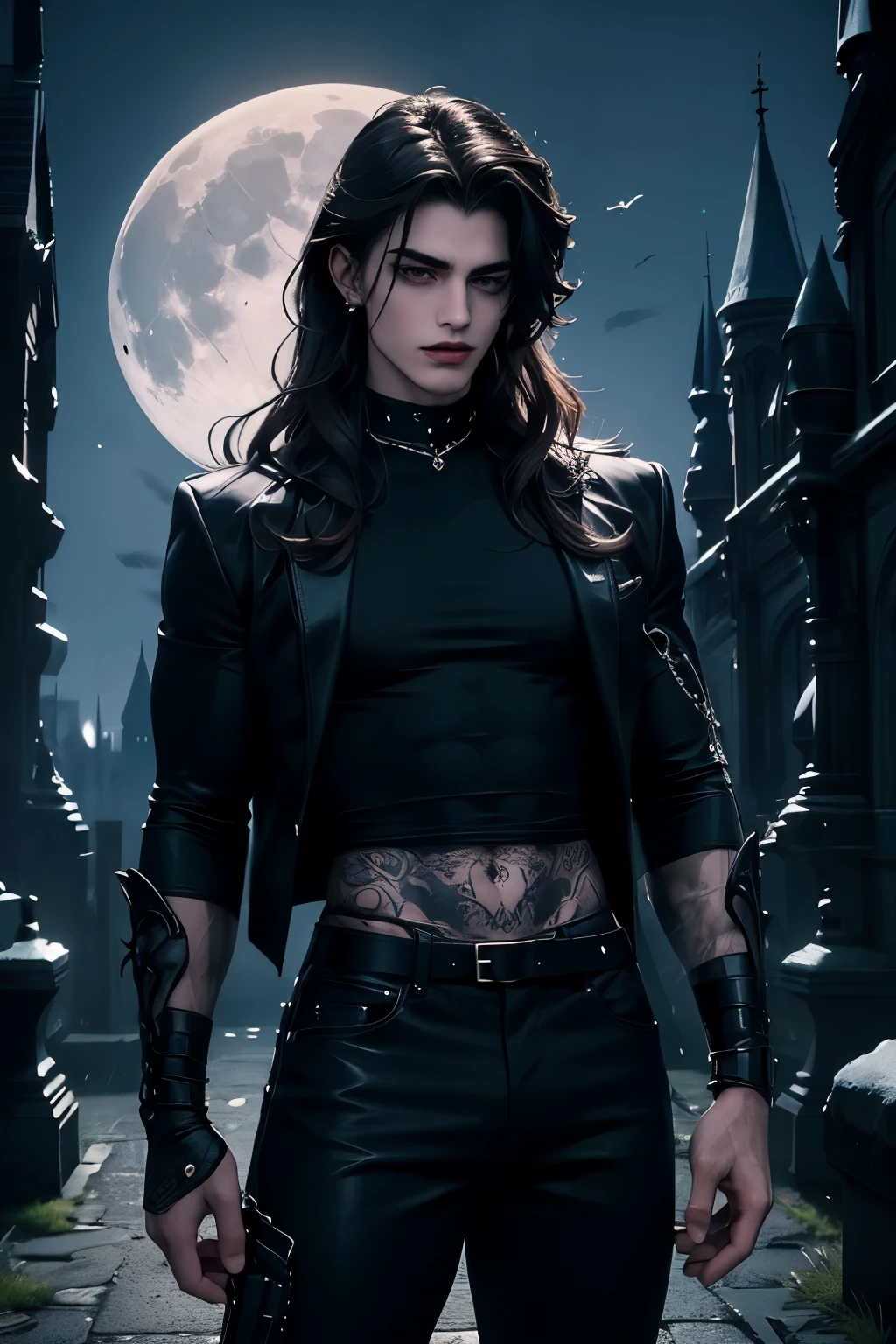 ((Best quality)), ((masterpiece)), (detailed), ((perfect face)), ((halfbody)) perfect proporcions, He is a handsome vampire, he is 18 years old, he has long wavy brown hair, white skin, abs and marked hips, he wears a black T-shirt and tight pants, bare chest, badass, He wears combat boots, he has gothic makeup, piercings and tattoos, there is a full moon behind him, night sky in the background, there are gothic castles in the background and bats flying, vampire ambience((perfect face)) fullbody+, there is a full place behind him, night sky in the background ((perfect face)) fullbody+ , vampire ambience