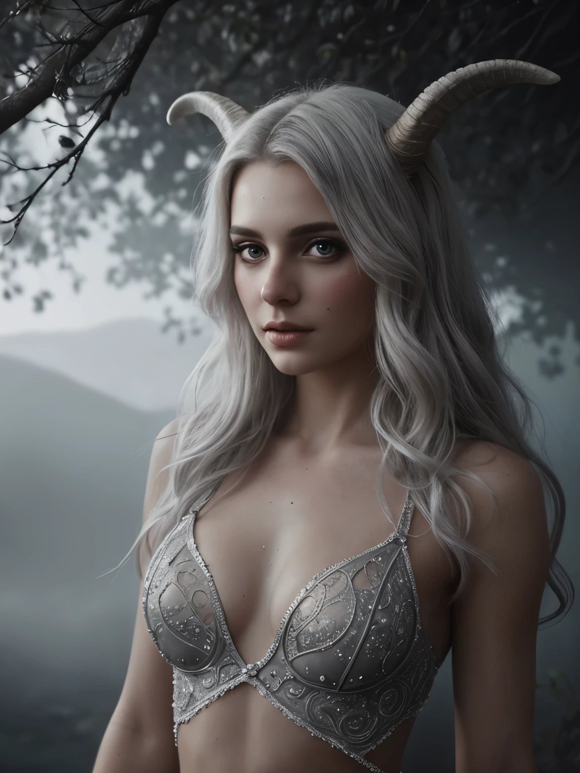 (Realistic:1.2), A beautiful woman with goat horns. Intricate dress with uncovered tummy made of gray tulle, silver glitter, small gray crystals and dried branches. Luis Royo style. Intense and captivating look, extremely sexy. Long, wavy, white hair. Mountains, stones, intricate, detailed, intricately detailed, luminous fantasy translucent ghostly crystal, holographic data, soft body, shadow play, fog, atmospheric, cinematic, light film, hyper detailed, hyper realistic, analog photostyle, film grain, depth of field, bokeh, detailed beautiful eyes and perfect face, high contrast, 16k, best quality