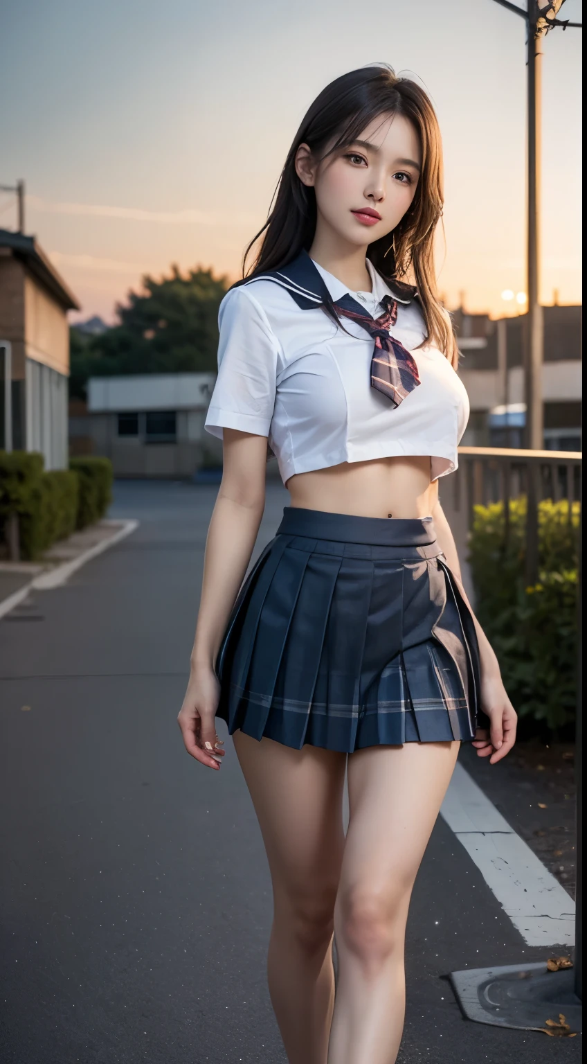 (highest quality:1.4), (hyper quality), (Super detailedな), 1 beautiful girl, Super cute, wonderful face and eyes, (very shy face), (not looking here), (school uniform, checked pleated mini skirt:1.5),  uniform is not exposed, (Beautiful and incredibly big breasts:1.3), (underboob:1.3), (slender body:1.1), (Composition seen from the side), (long thin legs), (standing with one&#39;s inner thighs:1.2), (thin waist), put your hands behind your back, real skin texture, (bangs), bright and shiny lips, Beautiful Goddess Advent, beautiful background, golden ratio, conceptual art, Super detailed, Accurate, advanced details, Walking outdoors, sexy art, surrounded by a beautiful sunset, bright light, Super delicate illustration details, Highly detailed CG integrated 8K wallpaper, RAW photo, professional photos, cinematic lighting, Depth of bounds written, (No bra:1.2), (The nipple protrusions push up the uniform), (The shape of the nipple protrusions through the uniform:1.3), cropped tops, (High heels on bare feet:1.1)
