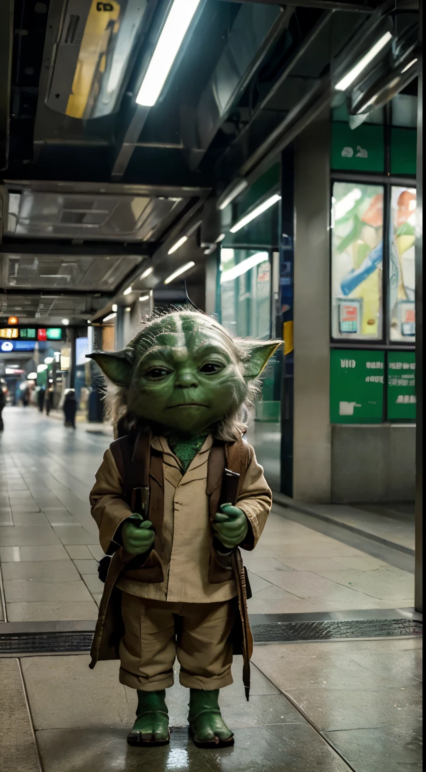 (best quality,ultra-detailed,masterpiece:1.2),hyper-realistic,lucasfilm quality,perfectly detailed face, Full Body, portrait of Yoda, In the middle of Halte Busway Jakarta City