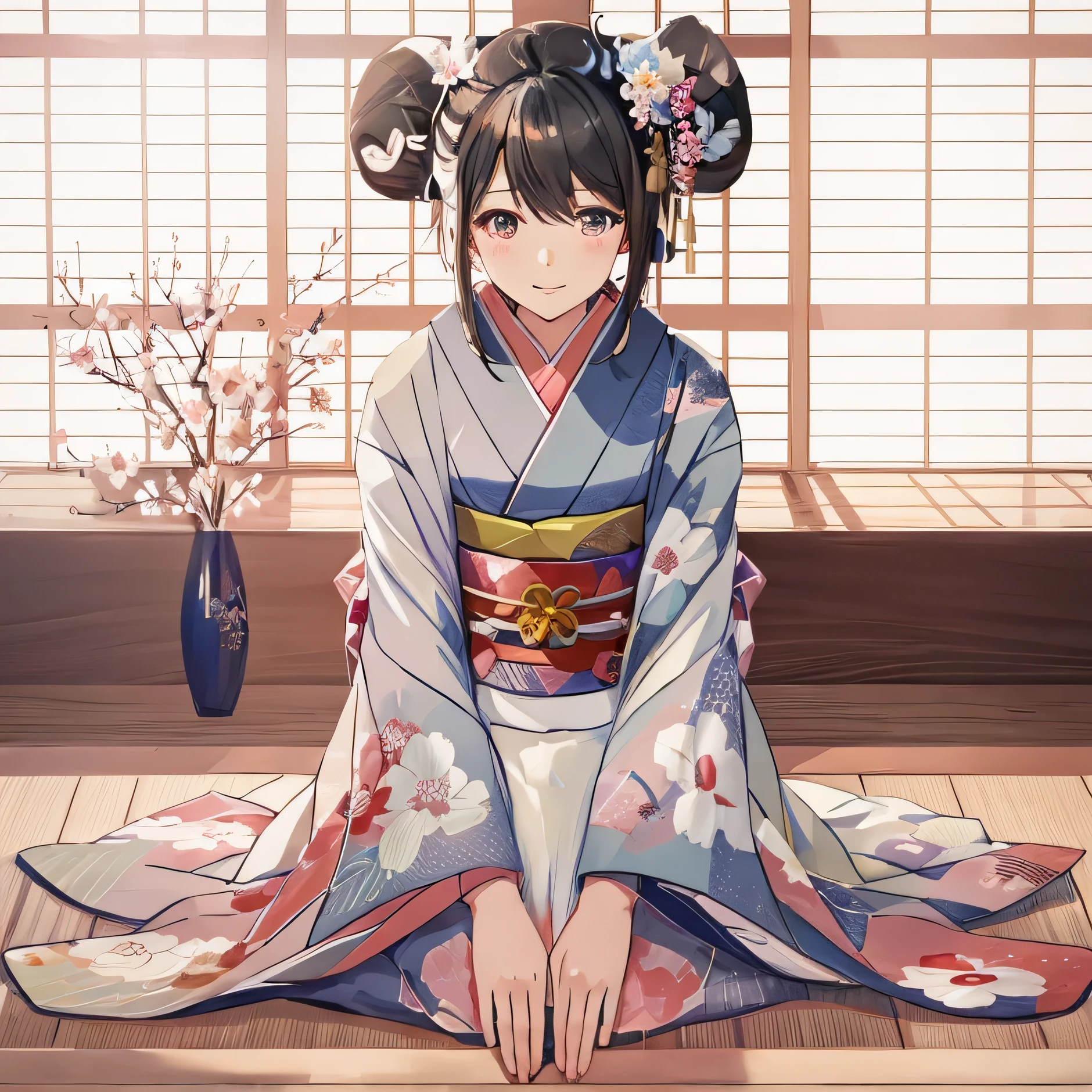 anime girl in kimono outfit sitting on floor with flowers in vase, in kimono, in kimono, wearing royal kimono, anime style 4k, (anime girl), cute anime girl, Cute anime wife in a nice dress, beautiful anime girl, anime moe art style, attractive anime girl, pretty anime girl, young anime girl, pixiv contest winner, anime waifu