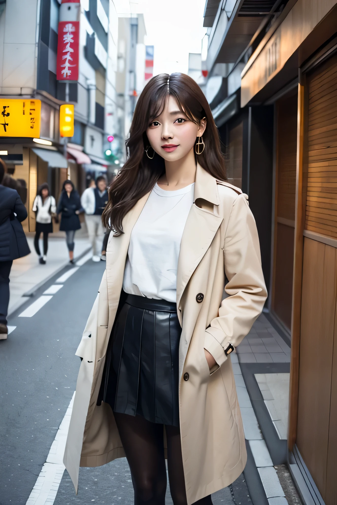 highest quality, masterpiece, ultra high resolution, (genuine: 1.4), Original photo, (evening street), 1 girl, black eye, looking at the audience, long hair, light makeup, lips, small ears, white t-shirt, light brown trench coat, dark blue skirt、Black Pants Stockings、black high heels、casual、earrings,,, slim, neat, Residential area in Tokyo、dark brown hair、long hair、big breasts、smile、Crying under the right eye、leaning against the wall of a building