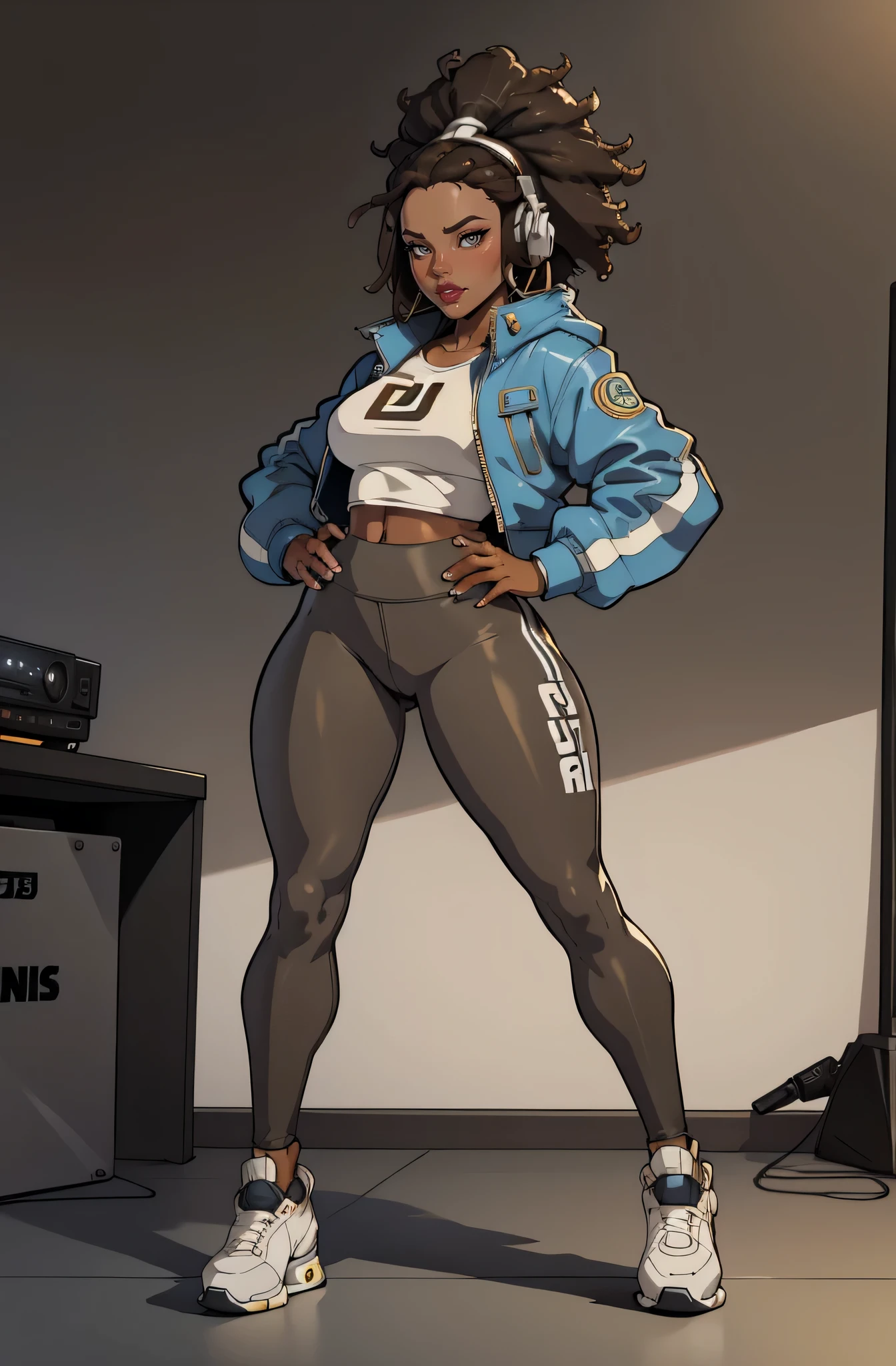dj booth grey background (a 35 year old woman) brown skin, solo, 1 girl, portrait, african hair, super detailed, modern style, direct look, full body wearing leggings and jacket and headphones