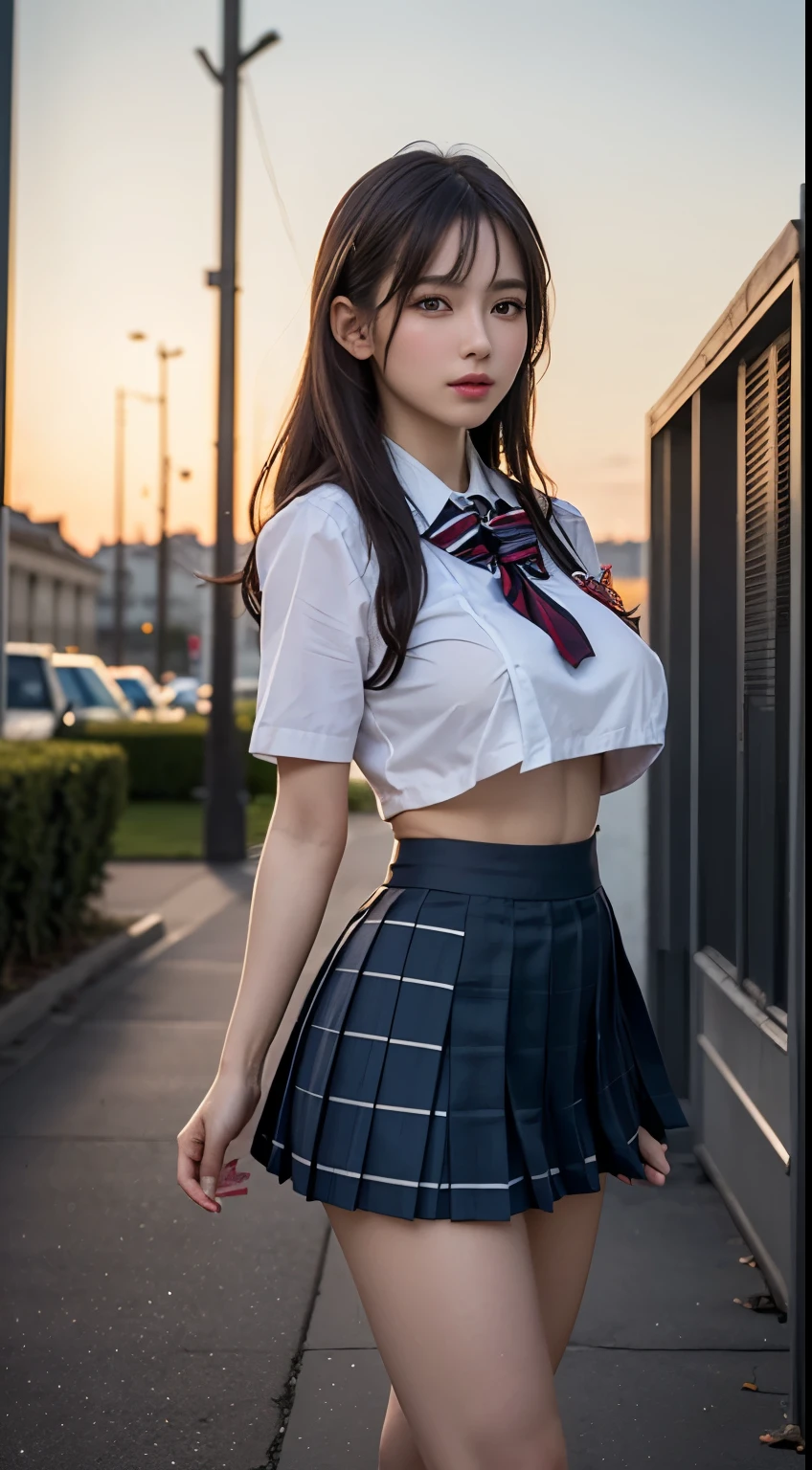 (highest quality:1.4), (hyper quality), (Super detailedな), 1 beautiful girl, Super cute, wonderful face and eyes, (very shy face), (not looking here), (school uniform, checked pleated mini skirt:1.5), uniform is not exposed, (Beautiful and incredibly big breasts:1.4), (underboob:1.3), (slender body:1.1), (Composition seen from the side), (long thin legs), (standing with one's inner thighs:1.2), (thin waist), (His arms are behind his back and tied behind his back.), real skin texture, (bangs), bright and shiny lips, Beautiful Goddess Advent, beautiful background, golden ratio, conceptual art, Super detailed, Accurate, advanced details, Walking outdoors, sexy art, surrounded by a beautiful sunset, bright light, Super delicate illustration details, Highly detailed CG integrated 8K wallpaper, RAW photo, professional photos, cinematic lighting, Depth of bounds written, (No bra:1.2), (The nipple protrusions push up the uniform), (The shape of the nipple protrusions through the uniform:1.3), cropped tops, (High heels on bare feet:1.1)