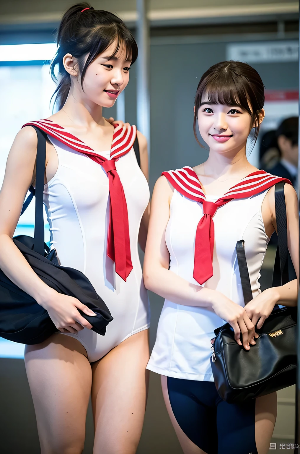 Two girls standing in a crowded station,white sailor one piece swimsuit,red tie,small school bag,18-year-old,bangs,a little smile,thighs,knees,share,short cut hair,ponytail,from below