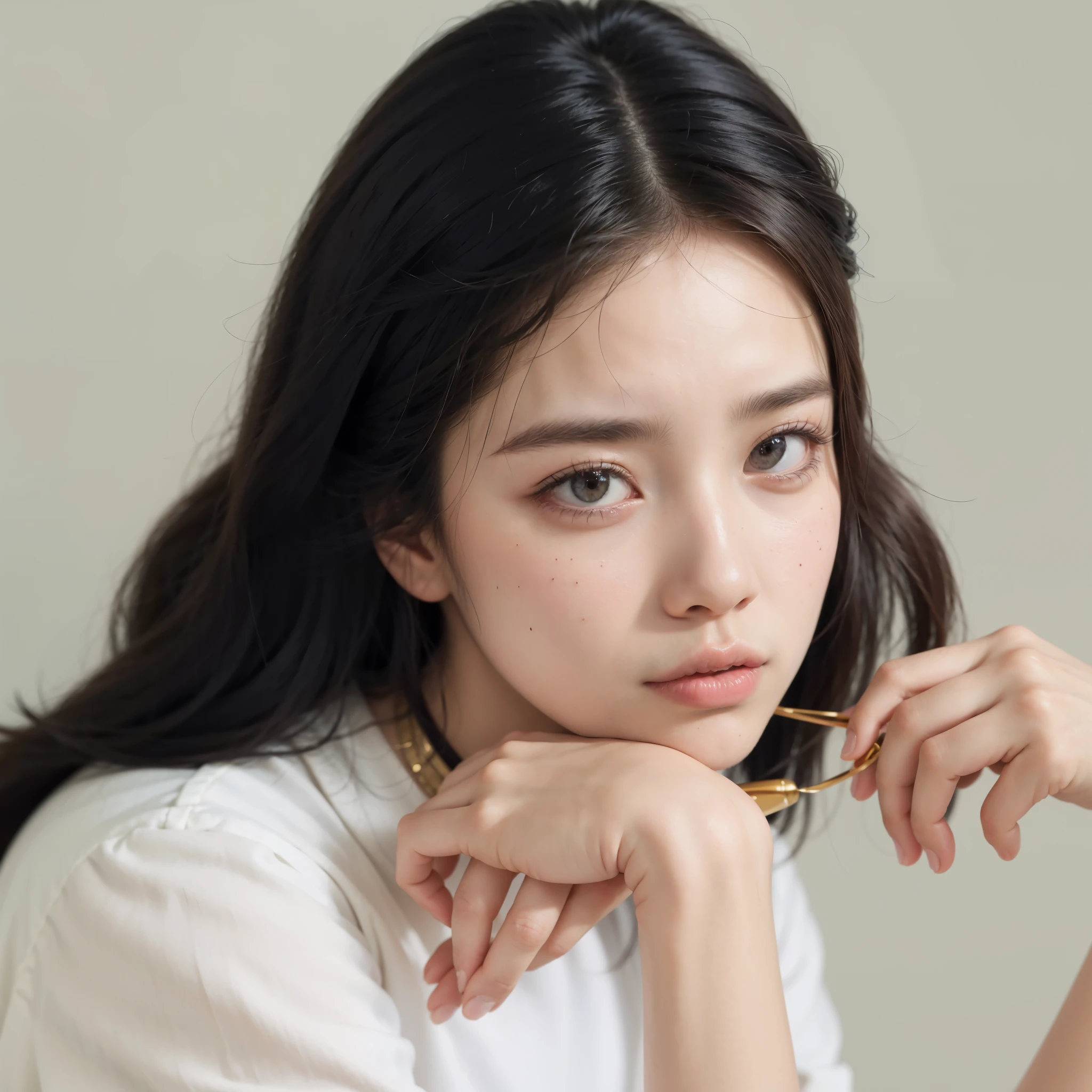 Mujer araffe de pelo largo con camisa blanca y collar de oro., retrato de jisoo rosa negro, portrait of jossi de blackpink, female korean idol portrait, Jisoo de Blackpink, jisoo de blackpink, kpop idol portrait, hermosa mujer surcoreana, linda actriz coreana, jossi de blackpink, artista coreano, hermosa joven coreana, dilraba dilmurat
