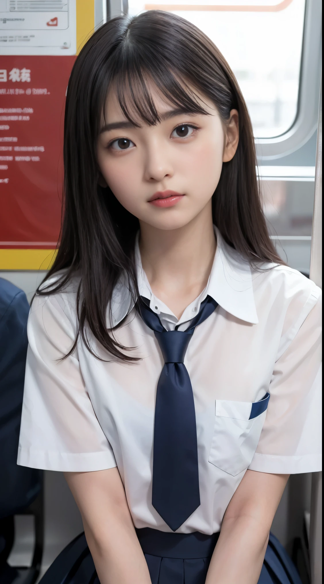 (masterpiece, highest quality:1.2), 8K, years, 85mm, official art, RAW photo, disorganized, white dress shirt, cute face, close, Upper body, violaces, gardenia, beautiful girl, school uniform, (navy pleated skirt:1.1), cinch waist, thighs, short sleeve, Inside the train, sitting on the bench seat, looking at the viewer, no makeup, (smile:0.4), film grain, chromatic aberration, sharp focus, face light, clear lighting, Ten generations, detailed face, background bokeh, (dark red tie:1.1)