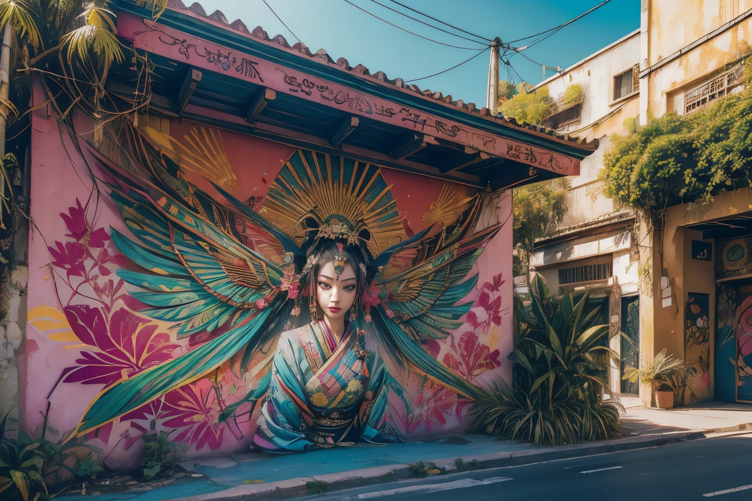 A surrealistic graffiti, in an explosive mix of colours and themes, including a geisha, the Egyptian triad of Osiris, Isis and Horus, ruffled fishes, and vegetation motives that somehow look optically intertwined with the Bougainvillea branches extended on top of the graffiti, natural soft illumination of a sunny day.