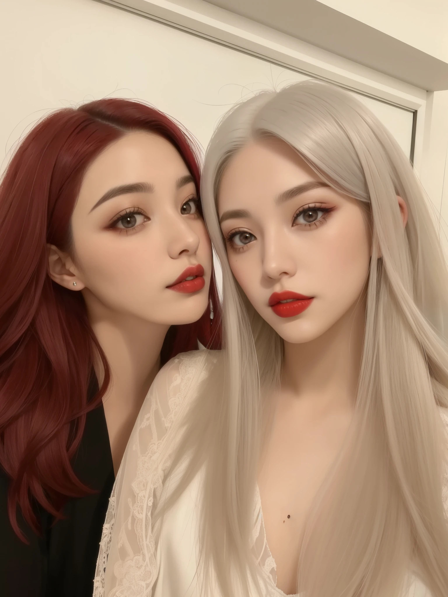 Dos mujeres con cabello largo y labios rojos posando para una foto., pelo de dos colores, ulzzang, maquillaje popular de corea del sur, nixeu y sakimichan, maquillaje coreano popular, medio & medio hair dye, con negro, tinte para el cabello de dos tonos, tinte de pelo, con pelo largo y blanco, con el pelo largo y blanco, rojo plateado, medio and medio hair dye