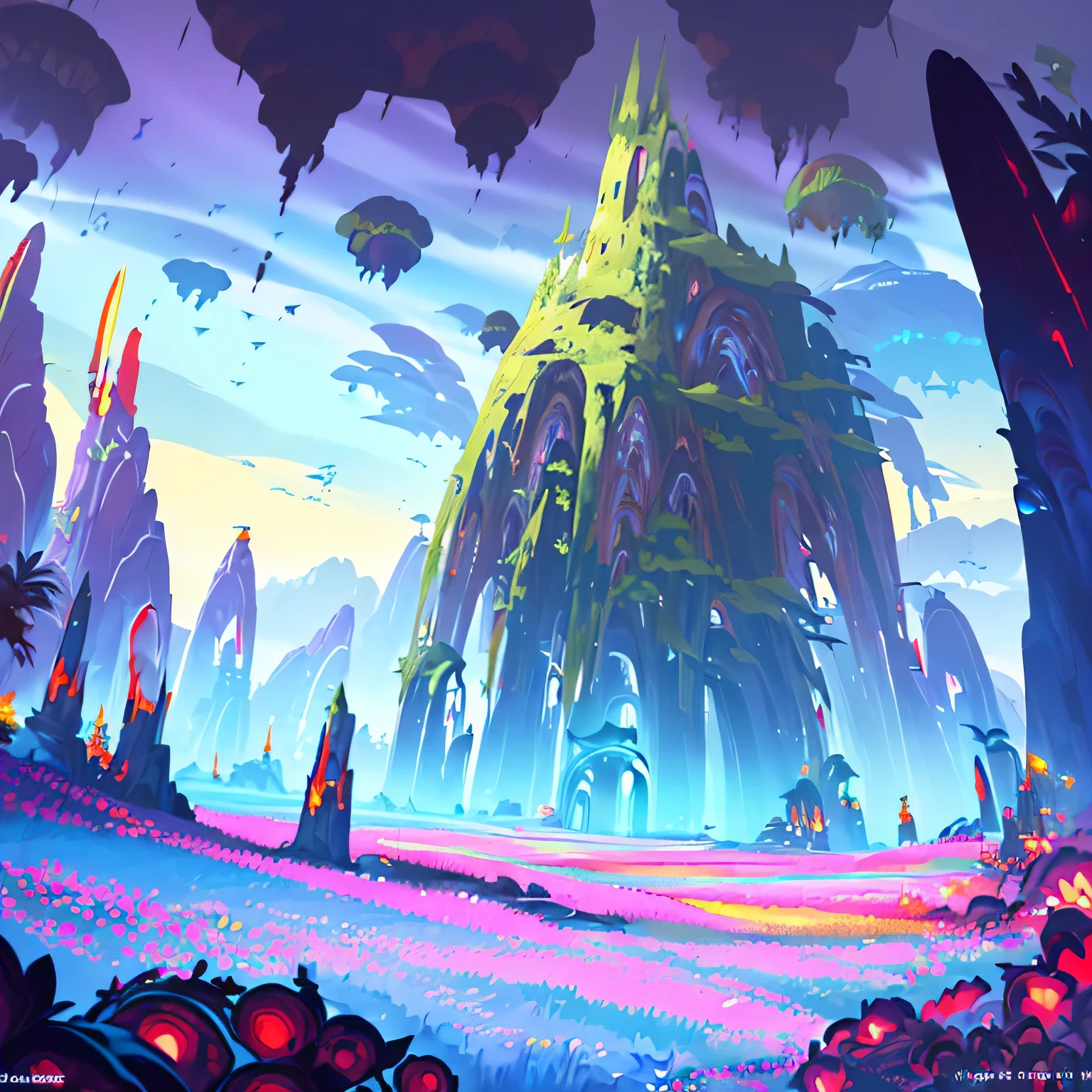 award winning photo, ((masterpiece,best quality)), absurdres, Vivid_Setting, no humans, scenery, cinematic composition, horizon, moons, landspace drawing, environment, background illustration, fantasy, futuristic surreal game-world,mmorpg anime game, fantasy, magic, buffs, landmarks, flower, grass, outdoor, architecture, blue sky,,