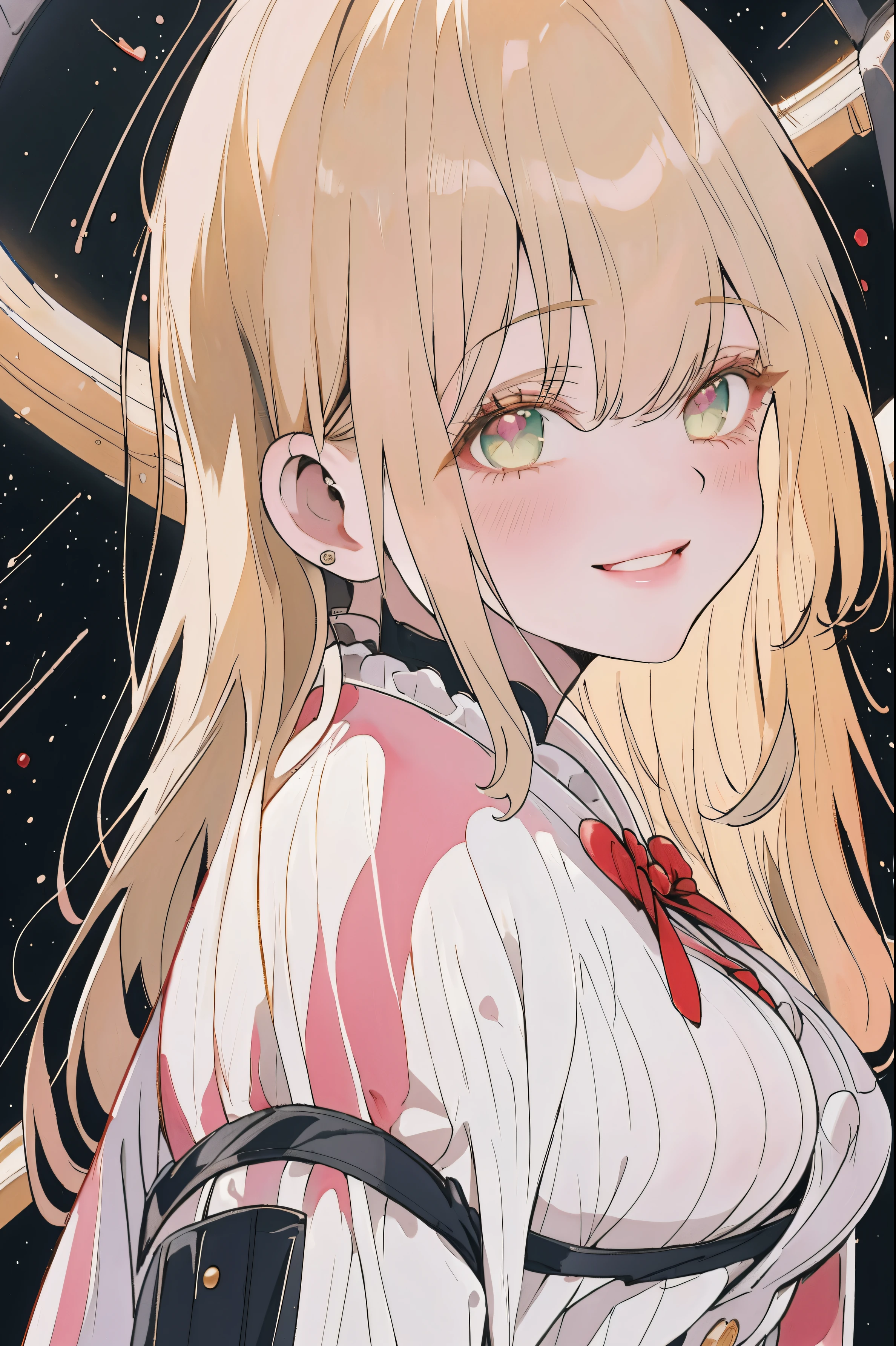 (best quality, masterpiece, highres),1girl,solo, sandy blonde hair,blush, green eyes, blush, juicy lips, glossy skin, glittery eyes, doll eyes, , smiling, fat juicy tits, fat juicy ass, juicy lips, space suit, roses, roses in the space mask, striped clothes, bracelet, black lineart