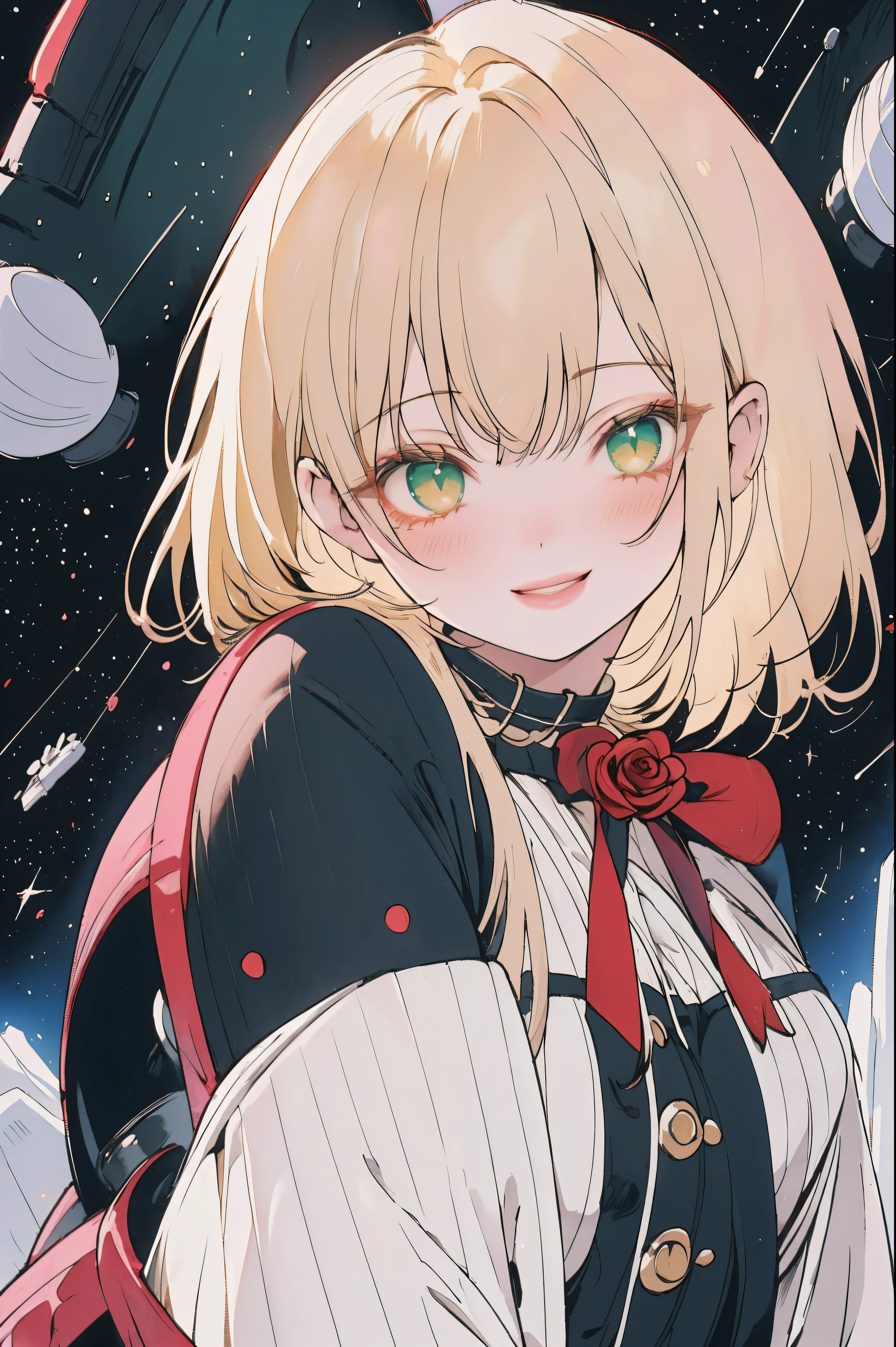(best quality, masterpiece, highres),1girl,solo, sandy blonde hair,blush, green eyes, blush, juicy lips, glossy skin, glittery eyes, doll eyes,  , smiling, fat juicy tits, fat juicy ass, juicy lips, space suit, roses, roses in the space mask, striped clothes, bracelet, black lineart