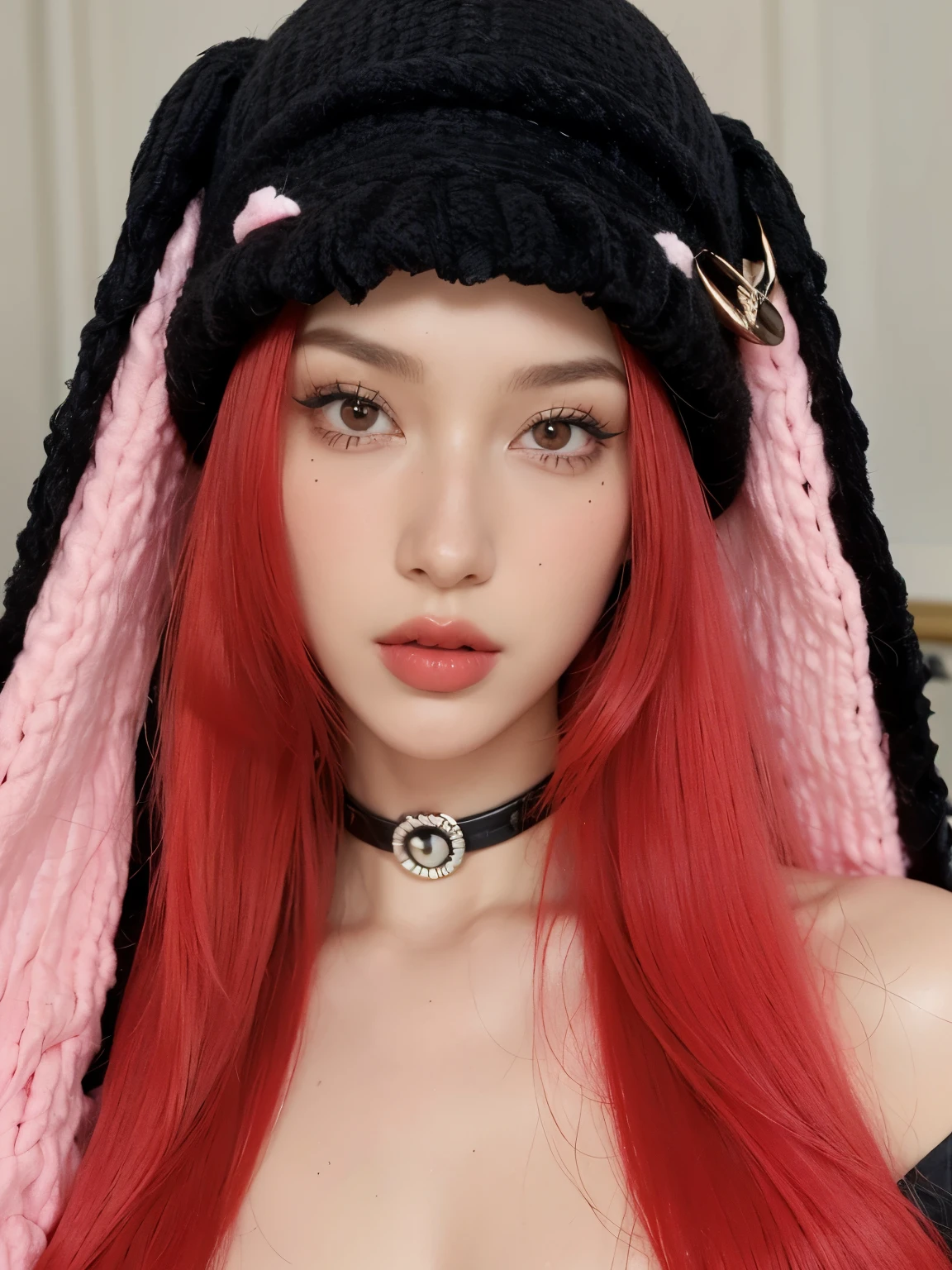 a close up of a woman Con cabello rojo wearing a black hat, bella delfina, con el pelo largo y rojo, ava max, peluca roja, crimson red hair and red eyes, with long, floppy rabbit ears, dulce conejita ultrarrealista, pale red, pelo negro y rojo, con orejas de conejo, Estilo de color rosa y rojo, dyed red hair, Con cabello rojo