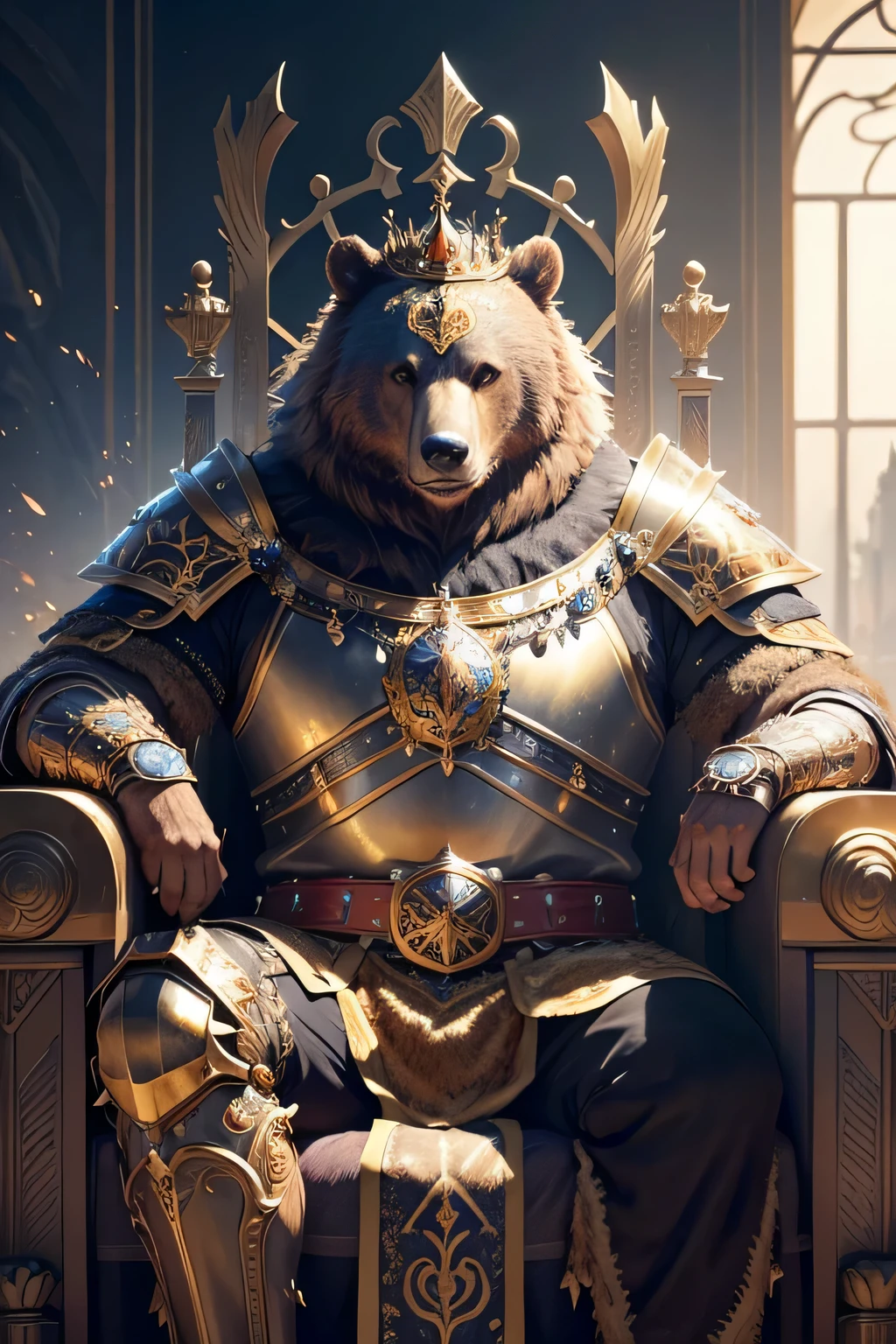 high quality, 4k, realistic, bear in armor sitting on a throne, vibrant colors, detailed armor, fierce expression, regal, majestic, golden crown, intricate designs, medieval-style throne, shining metal, powerful presence, strong stance, luxurious fur, soft lighting, epic artwork, intimidating, heroic, fantasy art, far view, view of the whole room