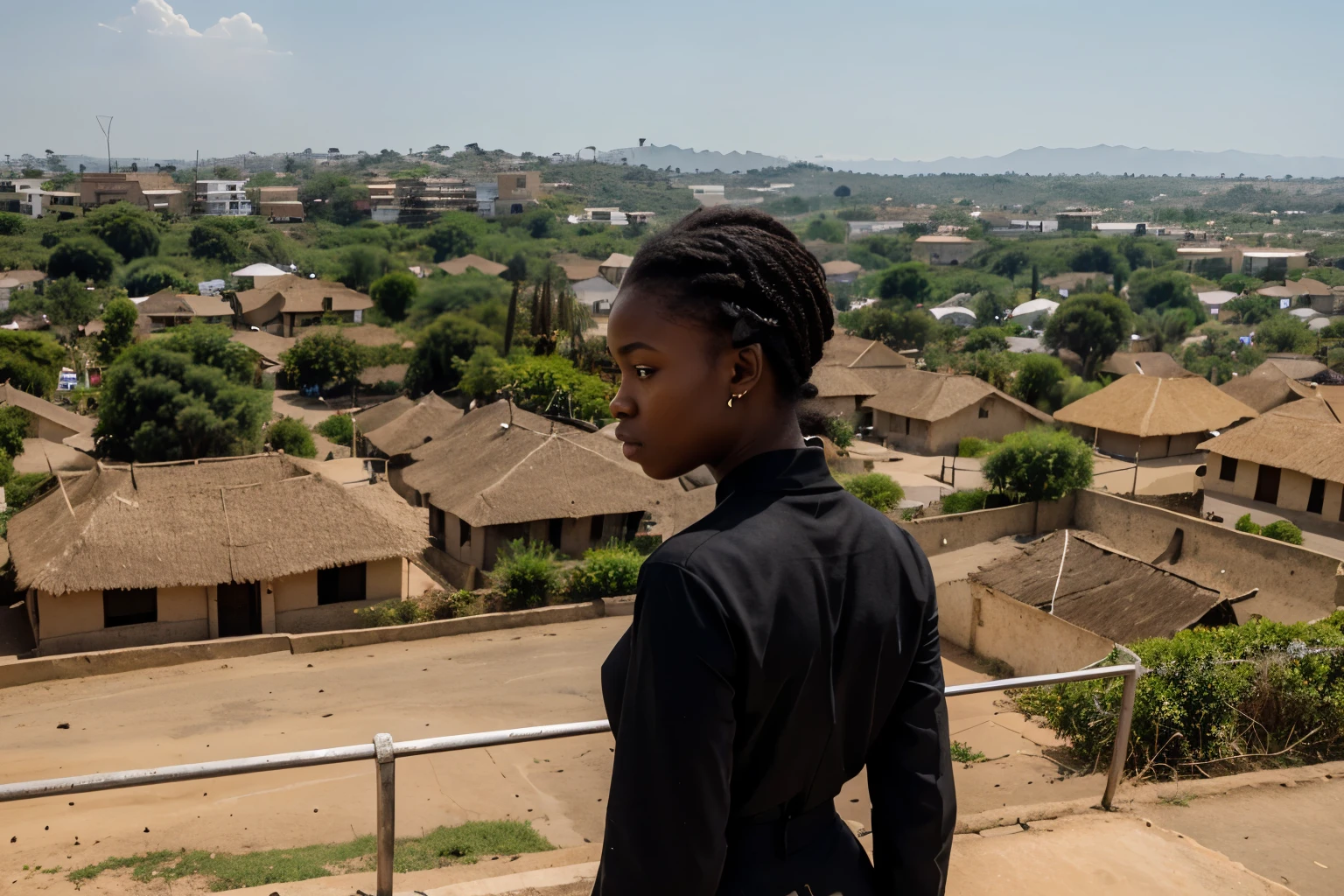 A black young lady stood on a hill overlooking the bustling african village square, surrounded by good houses, the sights and sounds of progress