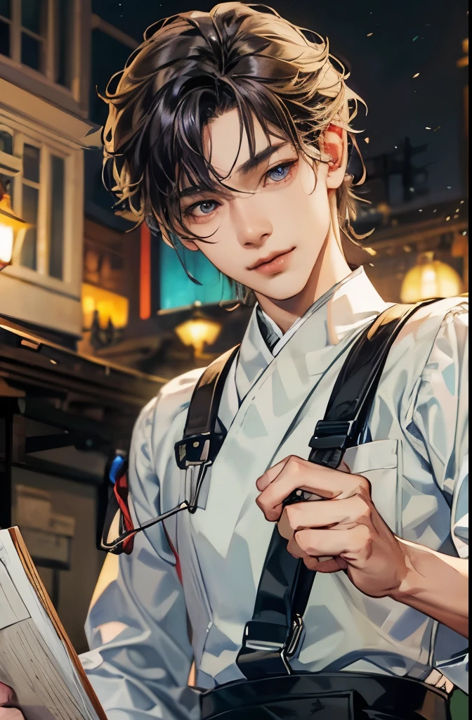 (hoang lap,A high resolution,Hyper-detailing,hdr),tmasterpiece,best qualtiy,1boy,Handsome,short detailed hair,Fine eyes and detailed face,The artist's studio,White color blouse,Drawing board in hand,dimple,Night Street,nightcity,midynight,self-shot,Light smile