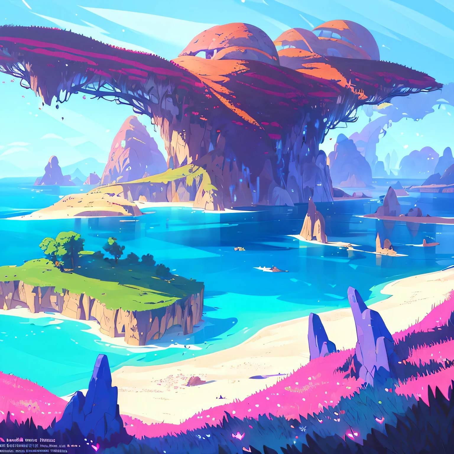 award winning photo, ((masterpiece,best quality)), absurdres, Vivid_Setting, no humans, scenery, cinematic composition, landspace drawing, environment, background illustration, fantasy, colorful Anime game world, MMORPG, world to explore, splash-art, over-view of world, horizon