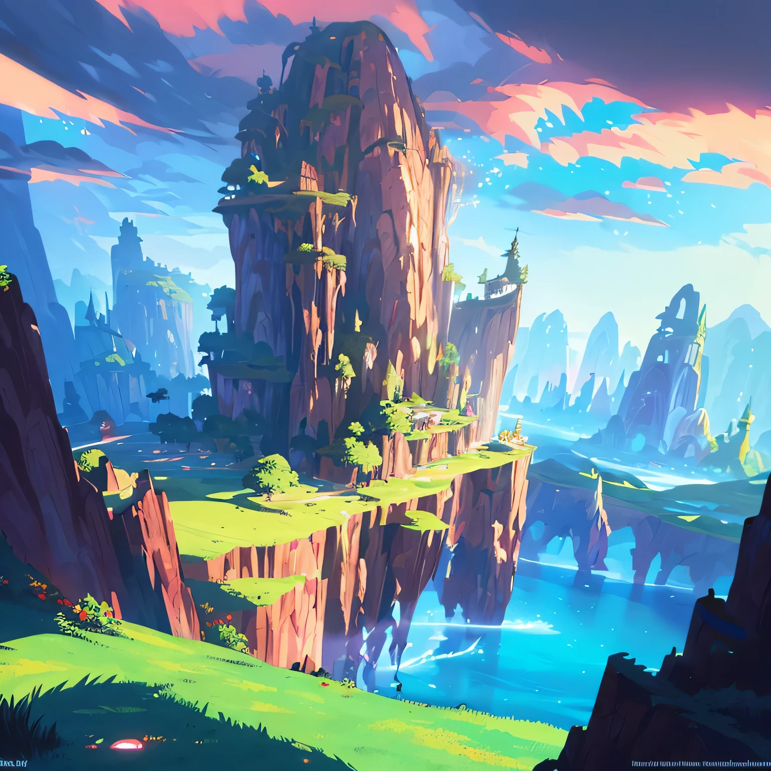 award winning photo, ((masterpiece,best quality)), absurdres, Vivid_Setting, no humans, scenery, cinematic composition, landspace drawing, environment, background illustration, fantasy, colorful Anime game world, MMORPG, world to explore, splash-art, over-view of world, horizon