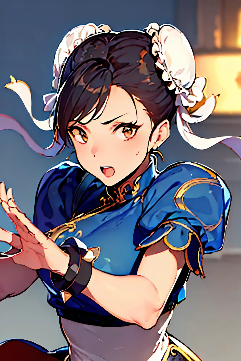 ((masterpiece,best qualtiy)),1girl,solo,ChunLi,upper body,beautiful night street background