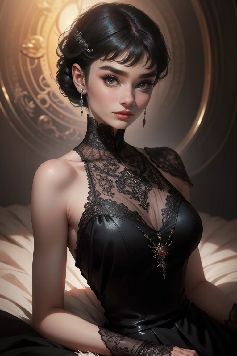 (Masterpiece - Ultra-Detailed, High Resolution) Prepare to be enchanted by a true masterpiece that combines ultra-detailed art with high-resolution rendering. This work shows a mesmerizing woman, with short, black hair, 1928s style,  Audrey Hepburn (1.3) and captivating dark brown eyes (1.2), New York illustration style, wearing red lipstick, emanating an aura of elegance and mystery. Wearing classic victorian dress 1928s clothing.  Intricate details and realistic textures invite you to explore every aspect of this enchanting composition. Black dress. reading, writing, walking, backwards, lying down, standing, dynamic poses, mouth closed. Different posture , dynamic poses, mouth closed. Different posture, with chin resting on shoulder. Perfect fingers. Get ready to dive into a world where beauty and craftsmanship merge perfectly.